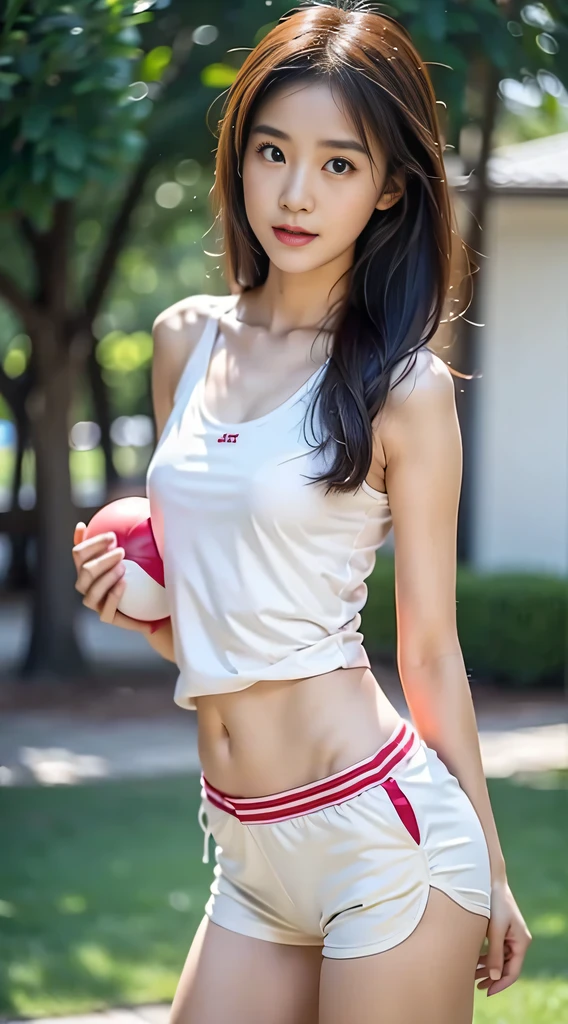 Backview, Cheerleader Outfit, Chinese model, Large breasts, Wearing american colors miniskirt, with a far open shirt with a far open shirt, 8K - Top Quality, Knee Shot, Hour Glass Body, sticking butt out pose, in a warm garden, hourglass lower body, Perfect anatomy, perfect hair, large breasts, perfect body, perfect hands, perfect face, perfect eyes, accurate, anatomically correct, perfect clear and crisp focus, UHD, masterpiece, ((blurry background)