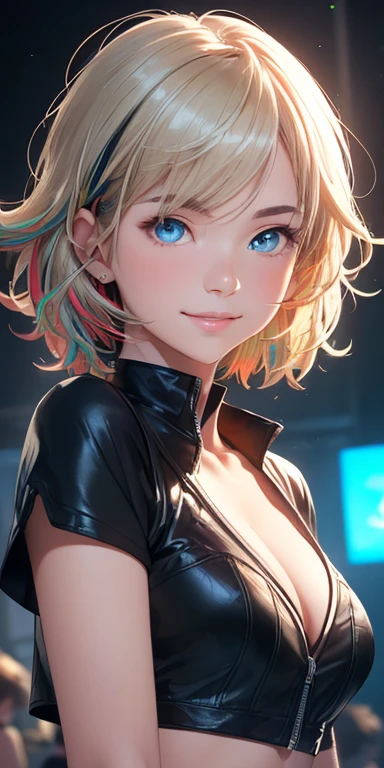baby face, (short multicolored fluorescence hair:1.5,messy hair:1.5), (photorealistic:1.8), (masterpiece, sidelights, exquisite beautiful eyes: 1.5), masterpiece*portrait, realistic, 3D face,(cute face),front view: 1.6、 (glowing blue eyes:1.2),plump face:1.5,(tareme:1.5)、(seductive smile:1.2),Rosy Mouth,Slim Body,abs, shiny hair, shiny skin: 1.5、medium breasts,cleavage、solo,,(stand)、(Punk Rock clothes)、(charactor focus:1.5、portlate:1.5、upper body),stage,