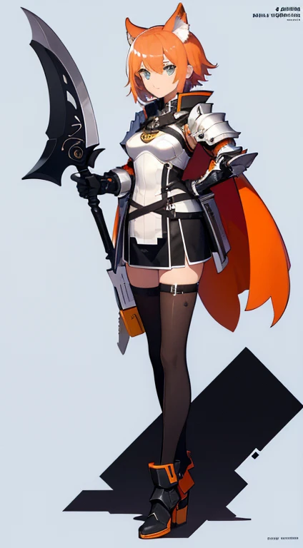 (((Best Quality))) , ((full body)), female, character design, solo, (white background), holding axe, gloves, (((waist armor))), thigh high, side slit trench skirt, short jacket, blue, orange, green, violet, brown, white