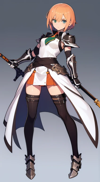 (((Best Quality))) , ((full body)), female, character design, solo, (white background), holding axe, gloves, (((waist armor))), thigh high, side slit trench skirt, short jacket, blue, orange, green, violet, brown, white