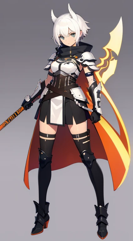 (((Best Quality))) , ((full body)), female, character design, solo, (white background), holding axe, gloves, (((waist armor))), thigh high, side slit trench skirt, short jacket, blue, orange, green, violet, brown, white