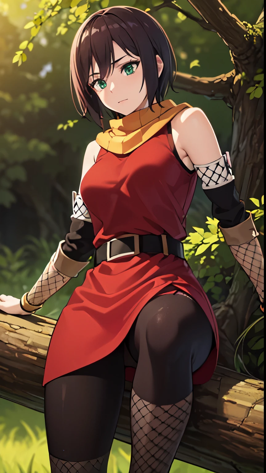 photorealistic, (4k), depth of field, (Masterpiece), (realistic skin texture), extremely detailed, intricate, hyper detailed, professional photography, bokeh, high resolution, sharp detail, best quality, girl, red dress, black belt, orange scarf, bare shoulders, detached sleeves, green eyes, short hair, brown air, fishnets,  perched in tree, forest, dense vegetation, from below, on branch, (vines:1.3), (sitting in tree:1.3),