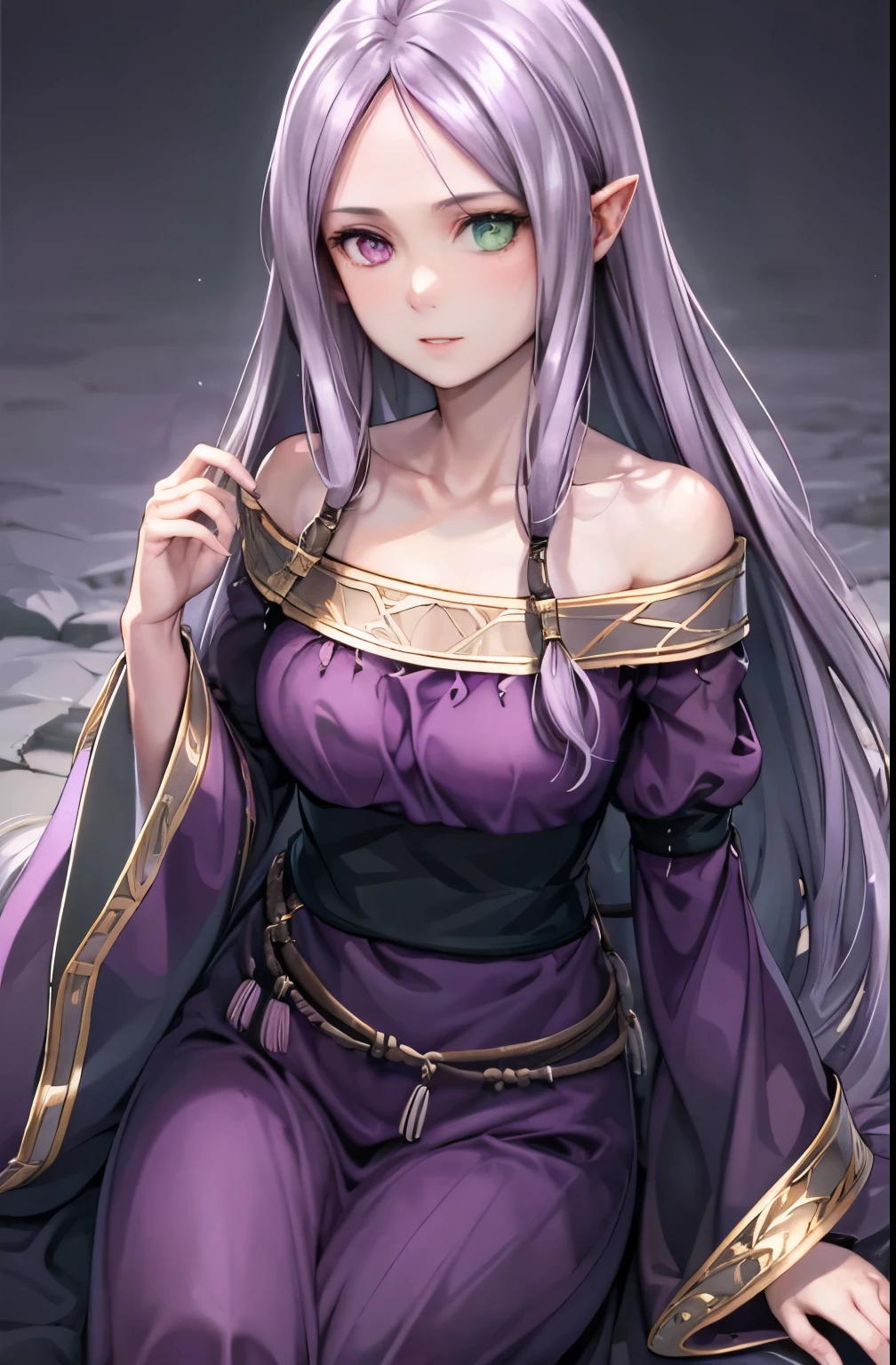 def_idunn, dark purple long dress, collarbone, wide sleeves, long sleeves, purple dress, bare shoulders,outdoors,(masterpiece, best quality, ultra-detailed, best shadow) ,