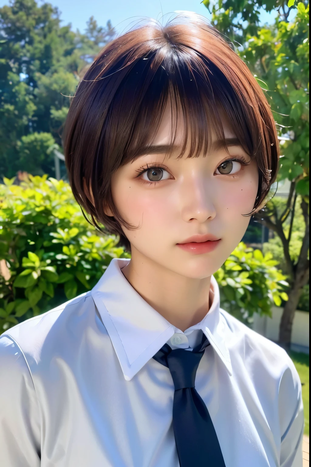 ((top-quality))、(​masterpiece:1.4)、Raw photography、8K、((Top image quality))、 ((Top resolution))、Beautiful face in every detail、Very detailed、Gentle expression、(One lady:1.3 )、realisitic、フォトrealisitic、(Bery short hair:1.4)、(Beautuful Women)、(cute Japanese girls:1.3)、(mannish)、((Pretty Woman))、(Beautiful hair)、((dark brown  hair))、(((Red cheeks)))、((Her eyes are big))、20-year-old beauty、(her face is small:1.7)、small head、((long neck))、pale skin、Spot-free skin、With bangs、Everyone longs for、日本のBeautuful Women、(eight heads high)、(dress shirts)、(neck tie)、((School uniform))、High school girl uniform、smil