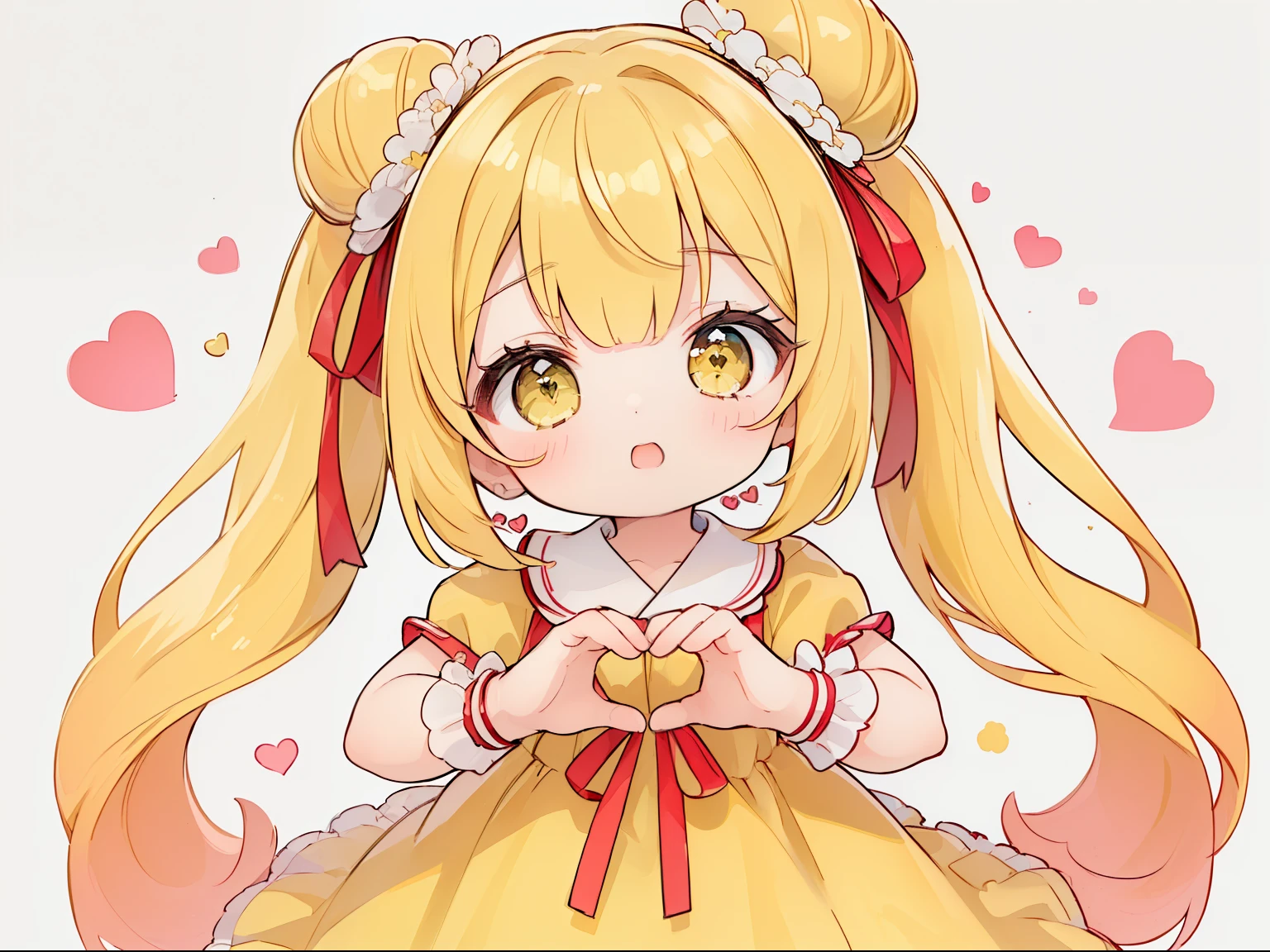 absurderes, hight resolution, (Anime style:1.1), ((masutepiece)), ((Best Quality)), (Ultra-detailed), (Beautiful),Beautiful face、(liftup),Cute *********** s、(((Twin-tailed、Bun hair、Yellow hair、Long、ロングTwin-tailed)))(((Yellow dress、frilld、Orange Ribbon)))(()Delicate eyes、Yellow eyes、Mine clothing、)(((((The upper part of the body、hands are heart、((hands are heartの形)))))))Stuffy face、round mouth(((light yellow background、Background Simple)))(((((Long)))))