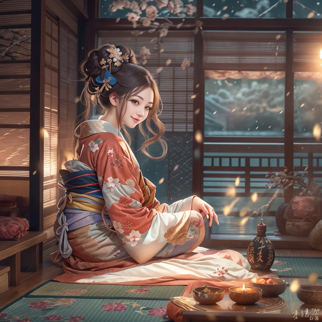 winter new year event announcement poster, (Best Quality,Photorealistic),Solo,beautiful japanese female,Traditional kimono,Natural posture,Gentle smile,Impressive gaze,Traditional hairstyle,Tatami room at dusk,Sitting by the window,Illuminated by city lights,(Engaging pose),Professional Photographer,Shallow depth of field,Backlight, Leaning forward, In a pose that looks like sitting straight facing the front., Hands on the floor, Tilt your head and look up, Smiling face, I would like to thank the viewers., ((within the screen「Wish you a happy new year！」enter the text characters of))