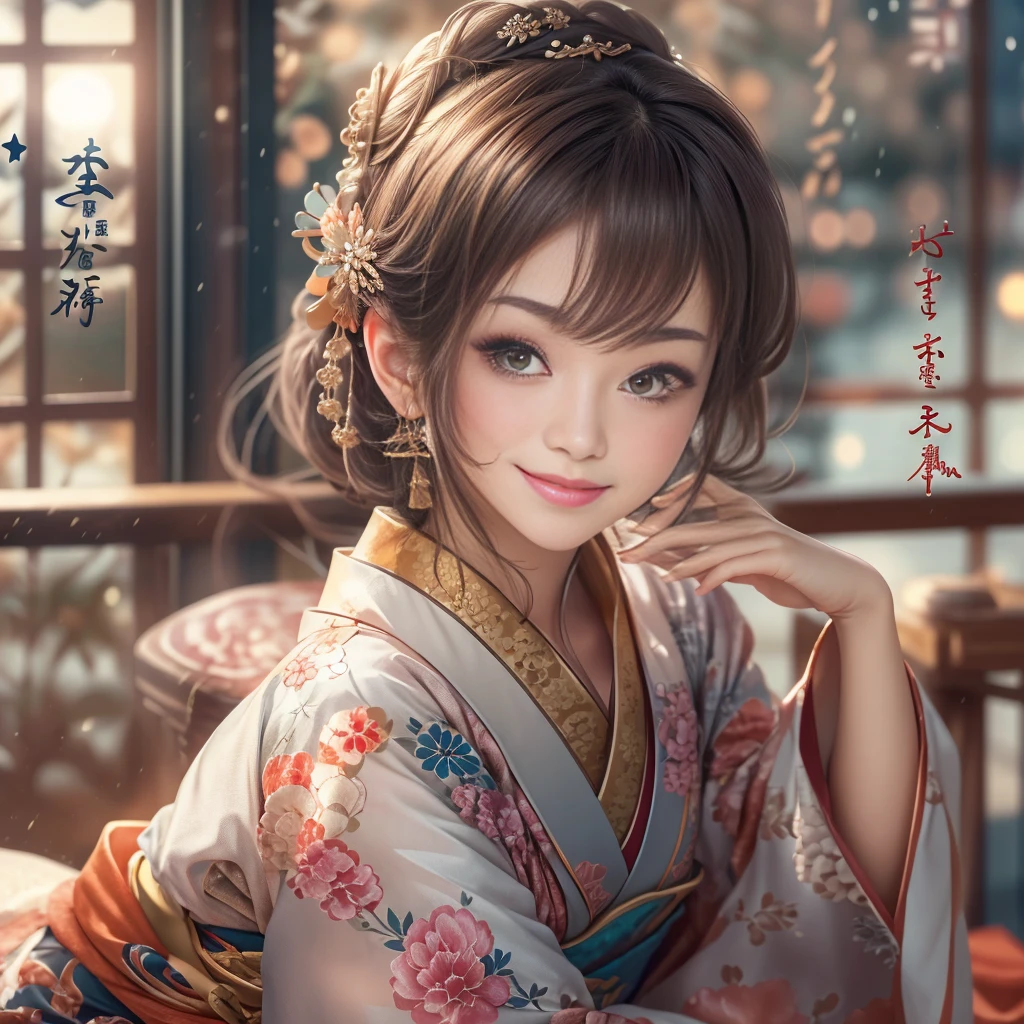 winter new year event announcement poster, (Best Quality,Photorealistic),Solo,beautiful japanese female,Traditional kimono,Natural posture,Gentle smile,Impressive gaze,Traditional hairstyle,Tatami room at dusk,Sitting by the window,Illuminated by city lights,(Engaging pose),Professional Photographer,Shallow depth of field,Backlight, Leaning forward, In a pose that looks like sitting straight facing the front., Hands on the floor, Tilt your head and look up, Smiling face, I would like to thank the viewers., ((within the screen「Wish you a happy new year！」enter the text characters of))