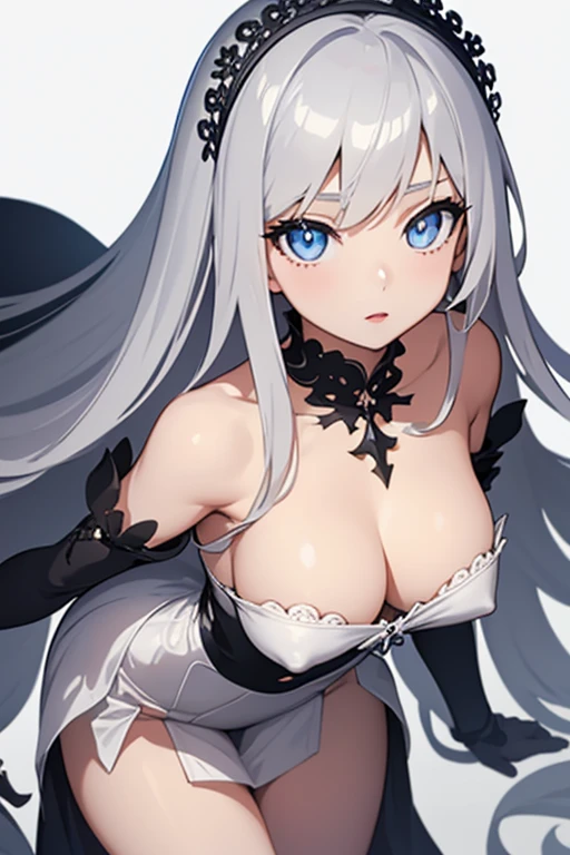 1girl, anime, cute girl, blank background, white background, fantasy, detailed dark fantasy dress with highlights, beautiful face, beautiful eyes, dark colors, silver hair, slightly small breasts, slight cleavage, beautiful skin, cute, breast curtains, extremely delicate and beautiful, (beautiful detailed face:1.0), (detailed deep eyes), symmetrical breasts, deep eyes, shiny skin, portrait, slender waist, hips wider than shoulders, thighs, young girl, expressionless