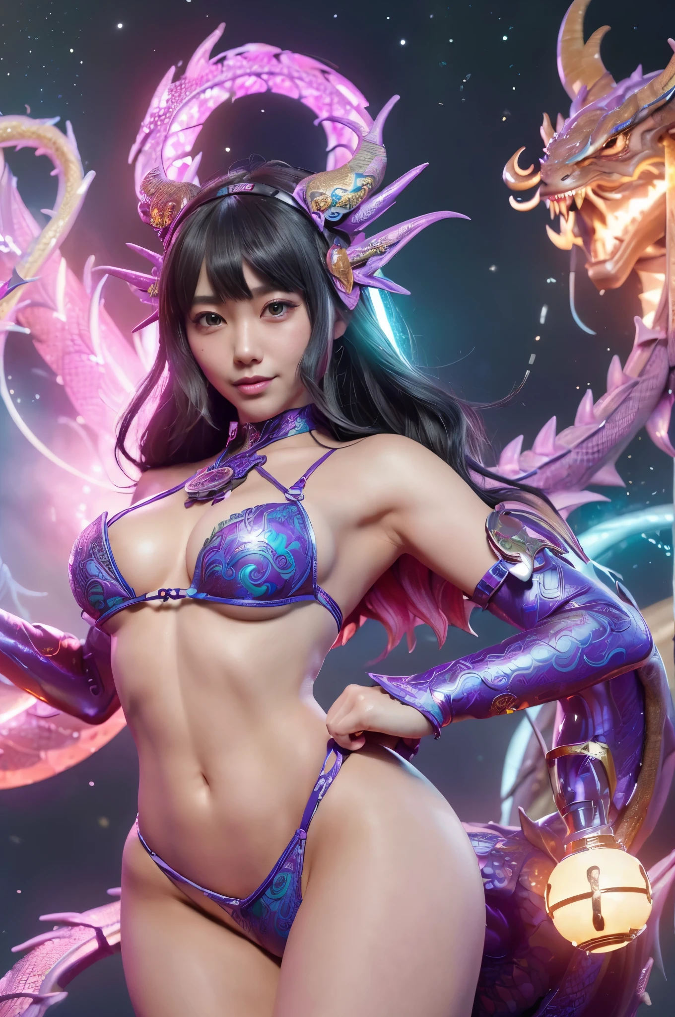 (((happy new year 2024 characters)))、cyborgs、A woman wearing a costume with a dragon motif、a beauty girl、kawaii、A sexy、strong con、A slender、Luxury、A smile、The bikini、high tar concentration、Highly colored、paisley、head gear、mandalas、Near future、Heaven、((The dragon))、factor、Spiral Light