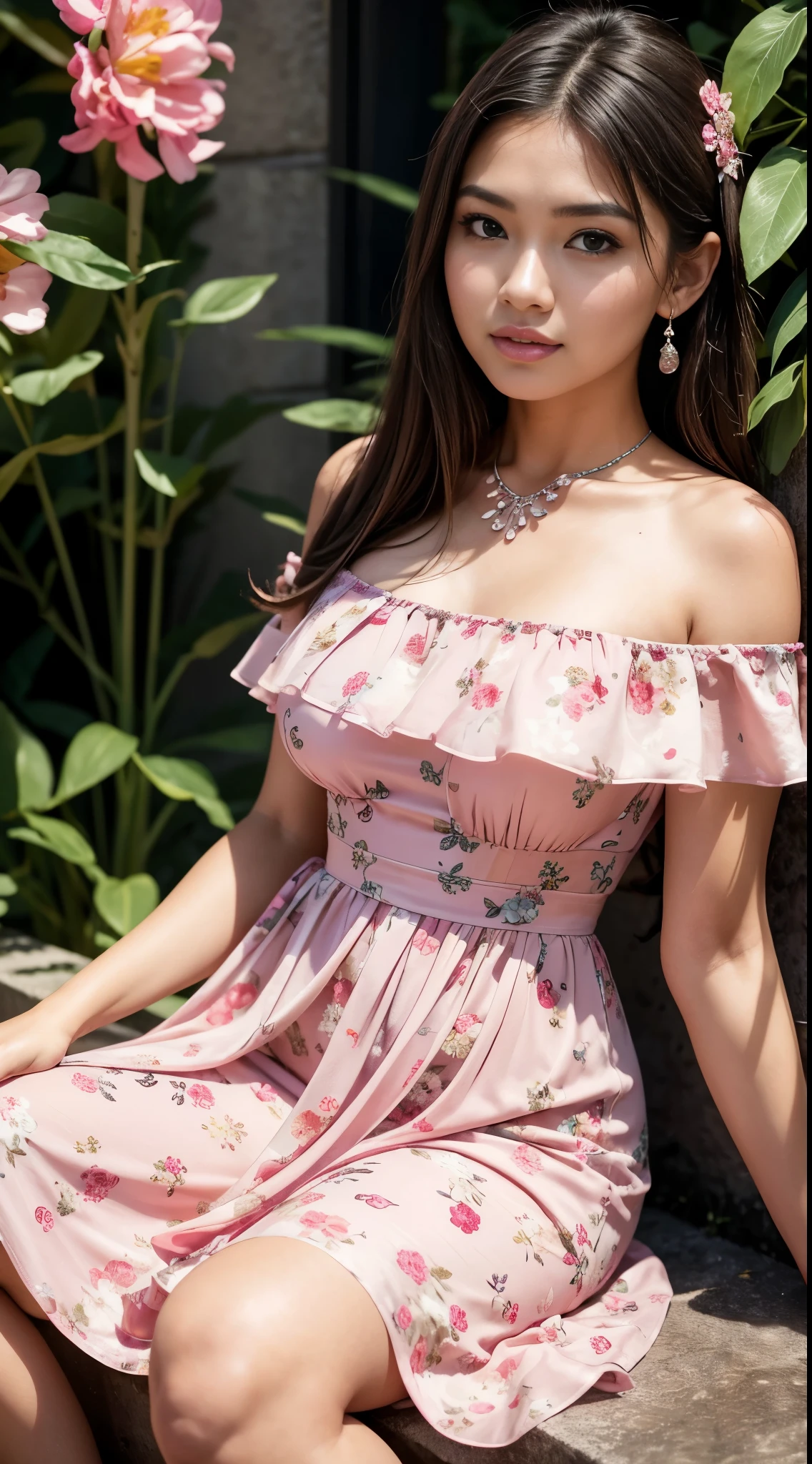 ( Close Up),RAW, Best quality, high resolution, masterpiece: 1.3), beautiful Malay woman, Masterpiece, perfect fit body, (big breasts), beautiful big eyes, Soft smile, thick thighs, beautiful face, woman wearing pink Off-Shoulder dress sitting in front of the water wall, sakimichan, romantic dress, flowery dress, women's dress with glowing flowers, closed neck dress,turkneck, skirt, floral dress, wearing a pink floral dress, wearing a long flowery dress, dress ,feminine girly dresses,summer dresses,floral art novuea dresses,vintage dresses,chiffon,soft silk dresses,Amazing lighting,Bright colors,Clean lines