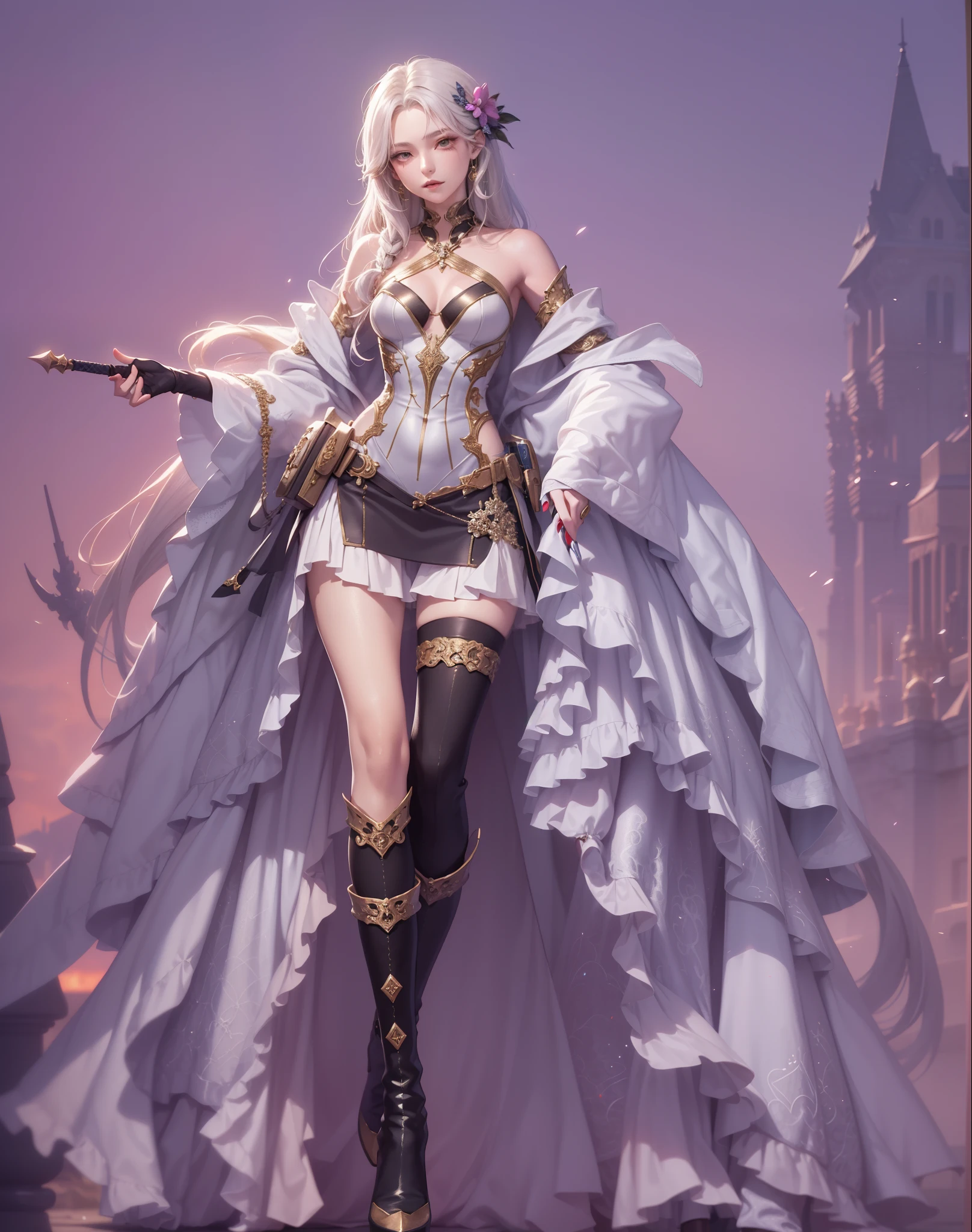 2 hands,no extra arms,oda'sa woman wearing skirt and boots holding magic wand, fantasyoutfit, complex clothing, very detailed and rich clothing, Lineage 2 style, clothing design, Complex and gorgeous anime CGI style, Wear your dreamy formal suit, Fantasy style clothing, Astral Witch Clothes, from girls, 🌺 CG, from heaven 2, Popular topics on cgstation