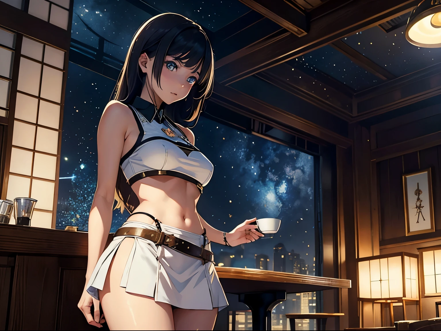 Elizabeth Enright, ALEXANDRA GALLAGHER, Surreal, mysterious, strange, fantastical, fantasy, Sci-fi, Japanese anime, star fragments, perpetual motion machine, miniskirt beautiful girl in a coffee shop, perfect voluminous body, detailed masterpiece
