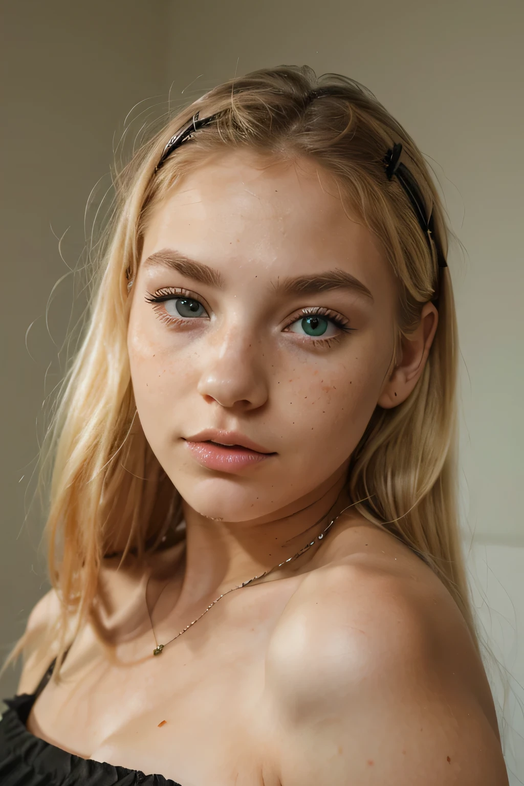 20 y.o blonde girl. green eye. with few freckles. having a jewline. long eyelashes. eyebrows thick and black. full lips. uneven face