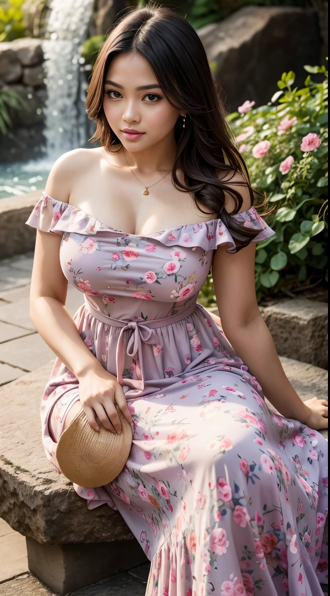 ( Close Up),RAW, Best quality, high resolution, masterpiece: 1.3), beautiful Malay woman, Masterpiece, perfect fit body, (big breasts), beautiful big eyes, Soft smile, thick thighs, beautiful face, woman wearing pink Off-Shoulder dress sitting in front of the water wall, sakimichan, romantic dress, flowery dress, women's dress with glowing flowers, closed neck dress,turkneck, skirt, floral dress, wearing a pink floral dress, wearing a long flowery dress, dress ,feminine girly dresses,summer dresses,floral art novuea dresses,vintage dresses,chiffon,soft silk dresses,Amazing lighting,Bright colors,Clean lines