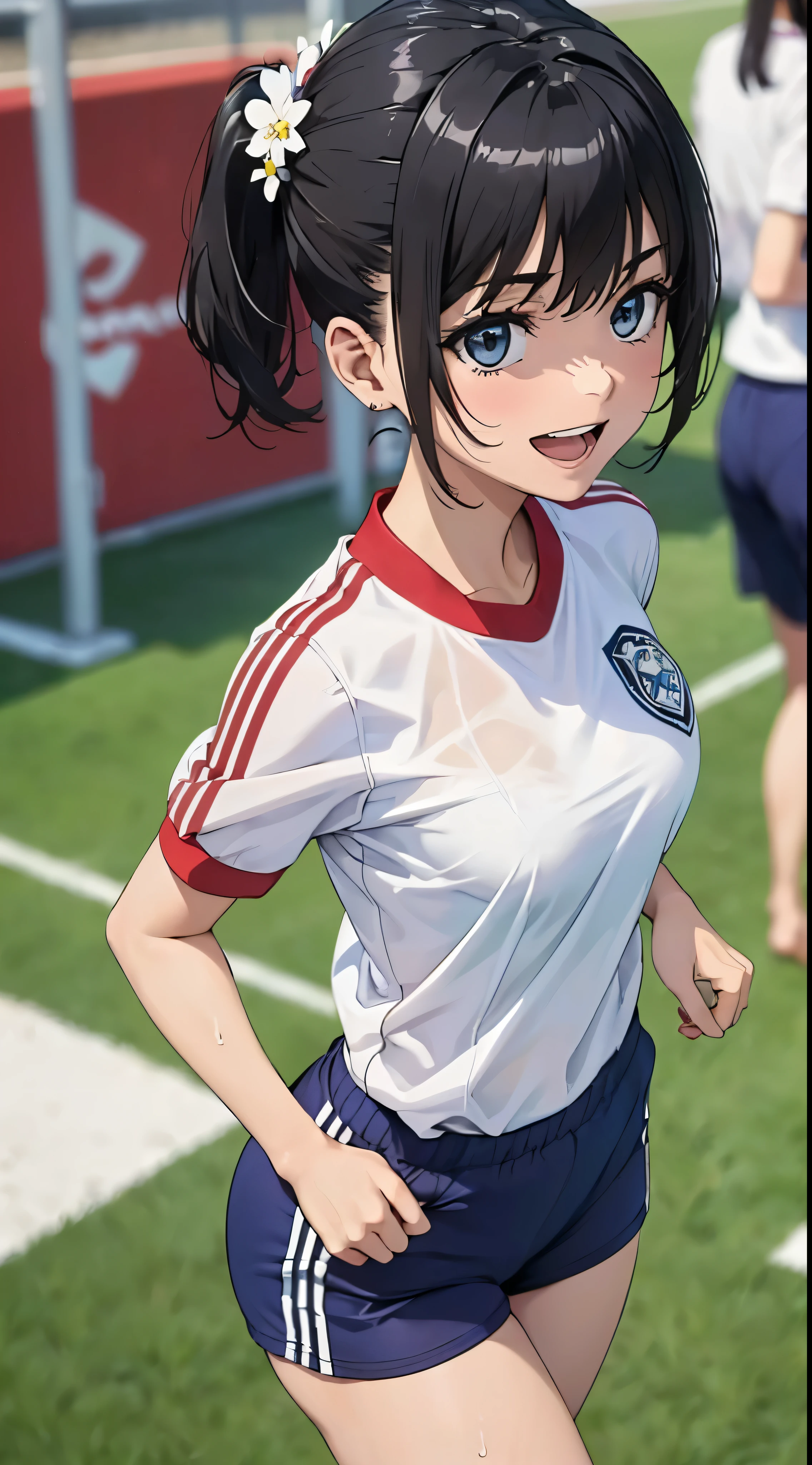 1womanl,Black hair, beautiful breasts,(((Sexy white and blue shiny short sleeve gym clothes and short cheeks、Smile with open mouth)),(((Satin Narico))),((( portlate))),Crowds,Shiny white short-sleeved gym uniform and blue pants,Wet with sweat,((athletic field)),((see -through)),outside of house,(((clothes shiny)))
