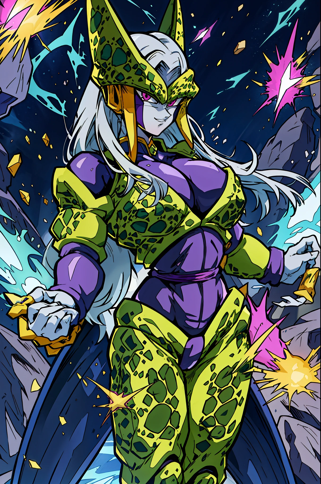 beautiful, (masterpiece:1.2), (best quality:1.2) Beautiful young woman, Long silver hair, Female perfect cell, goth, cell,