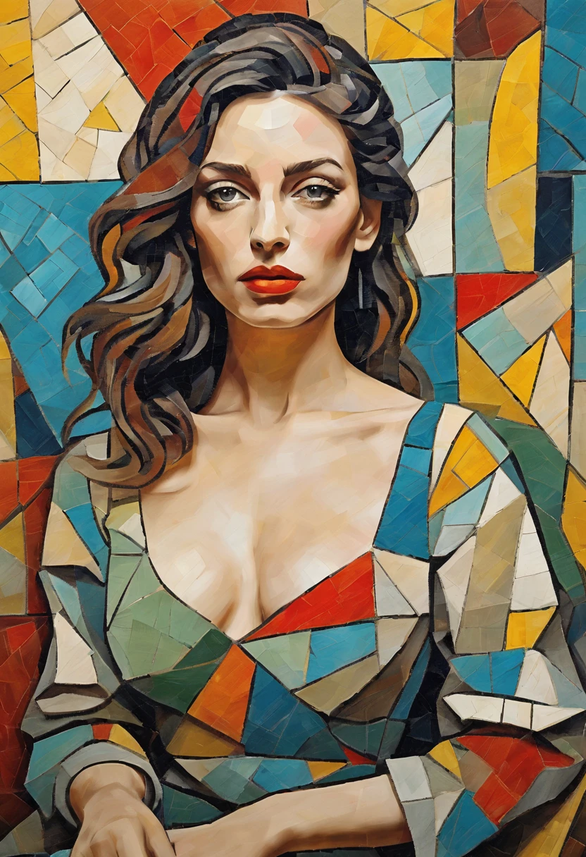 pop music、a beatiful women、Picasso-style abstract painting、Scrape Art、cubism、Irregular mosaic art, Antique clothing, Ultrarealismo, 8K,