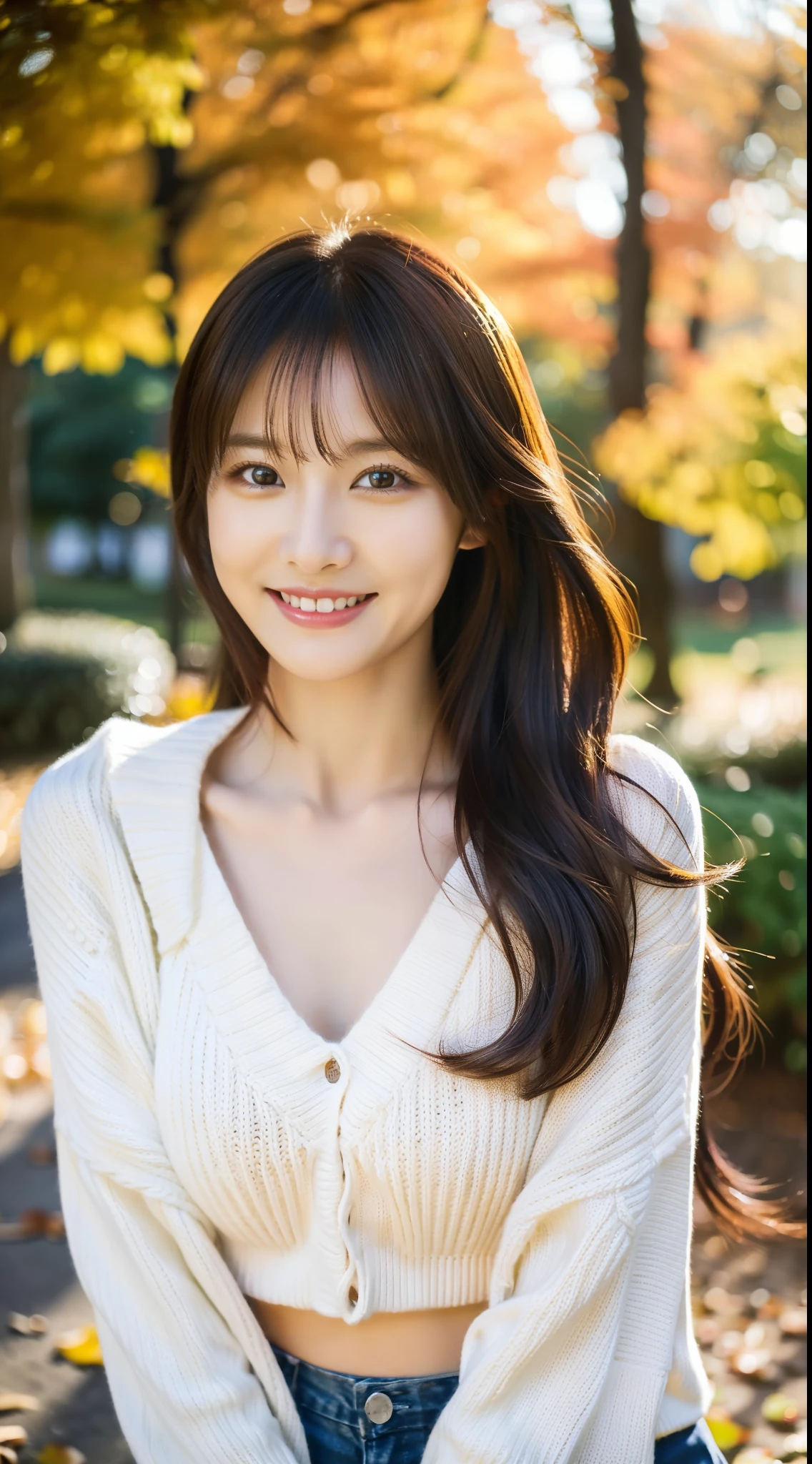 Photorealistic:1.3, masutepiece, Best Quality, ((1 beautiful woman)), Japanese, Close-up portrait, , Smiling, Slender Abs, Medium-sized breasts, Beautiful face, Beautiful eyes, Detailed face, Detailed eyes, on the park, in autumn, 8K resolution,Wearing a large knit sweater、Longhaire