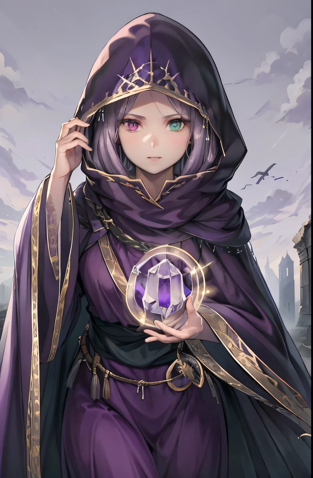 upper body,hood_idunn,hood,dark purple dress, dark purple cloak,looking at viewer, long sleeves, long dress, wide sleeves, hood up, jewelry,outdoors,rubble ruins,(masterpiece, best quality, ultra-detailed, best shadow) :