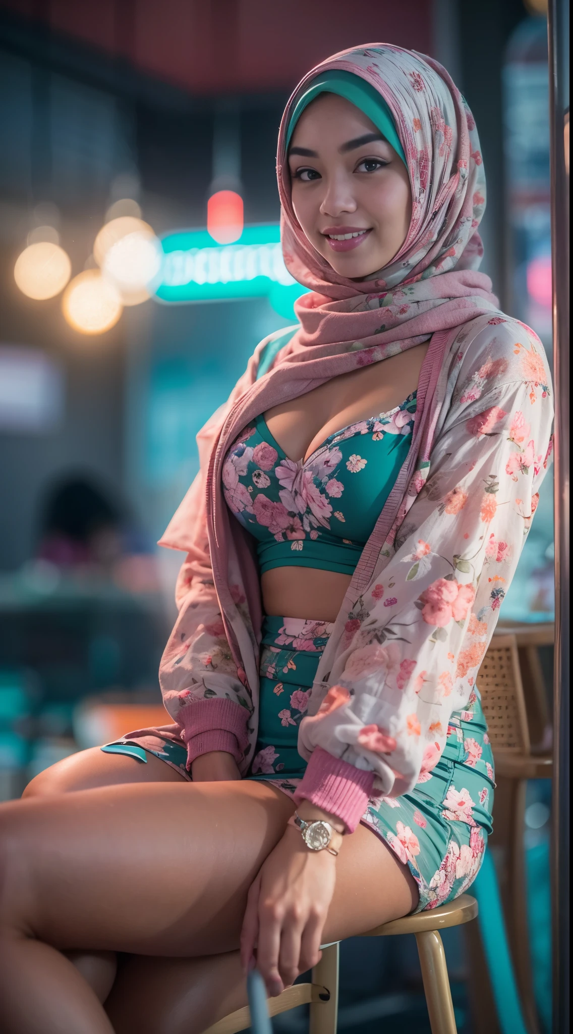 Malay girl with hijab seating in hipster cafe, happy, smiling, nighttime, wearing bra and panties turquoise Floral Ruched Bust Slip Romper, pink sneakers, soft professional lighting, blur background, cool ambient, bokeh, medium breast, small waist, nice body, wide hips, thick thighs, thick leg, hyper realistic, super realistic