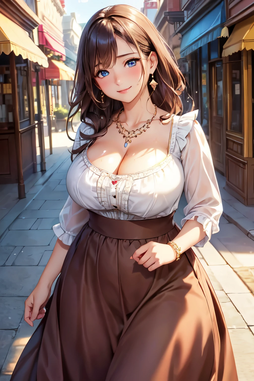 (High quality, High resolution, Fine details), Realistic, (main street), (Ruffled blouse), (Long skirts), Necklaces, Earrings, Natural makeup, Cleavage, solo, curvy women, Standing, sparkling eyes, (Detailed eyes:1.2), smile, blush, Sweat, Oily skin, shallow depth of field