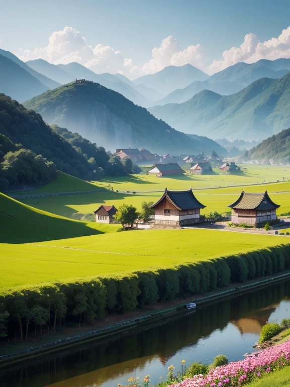 Beautiful view of the Chinese countryside,There are green mountains and green water,There are houses,There are beautiful flowers