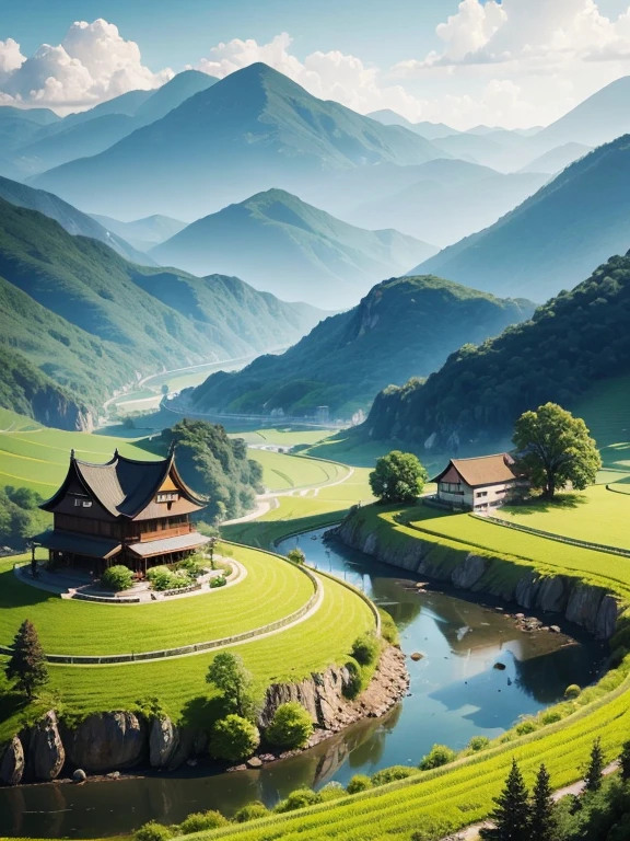 Beautiful view of the Chinese countryside,There are green mountains and green water,There are houses,There are beautiful flowers