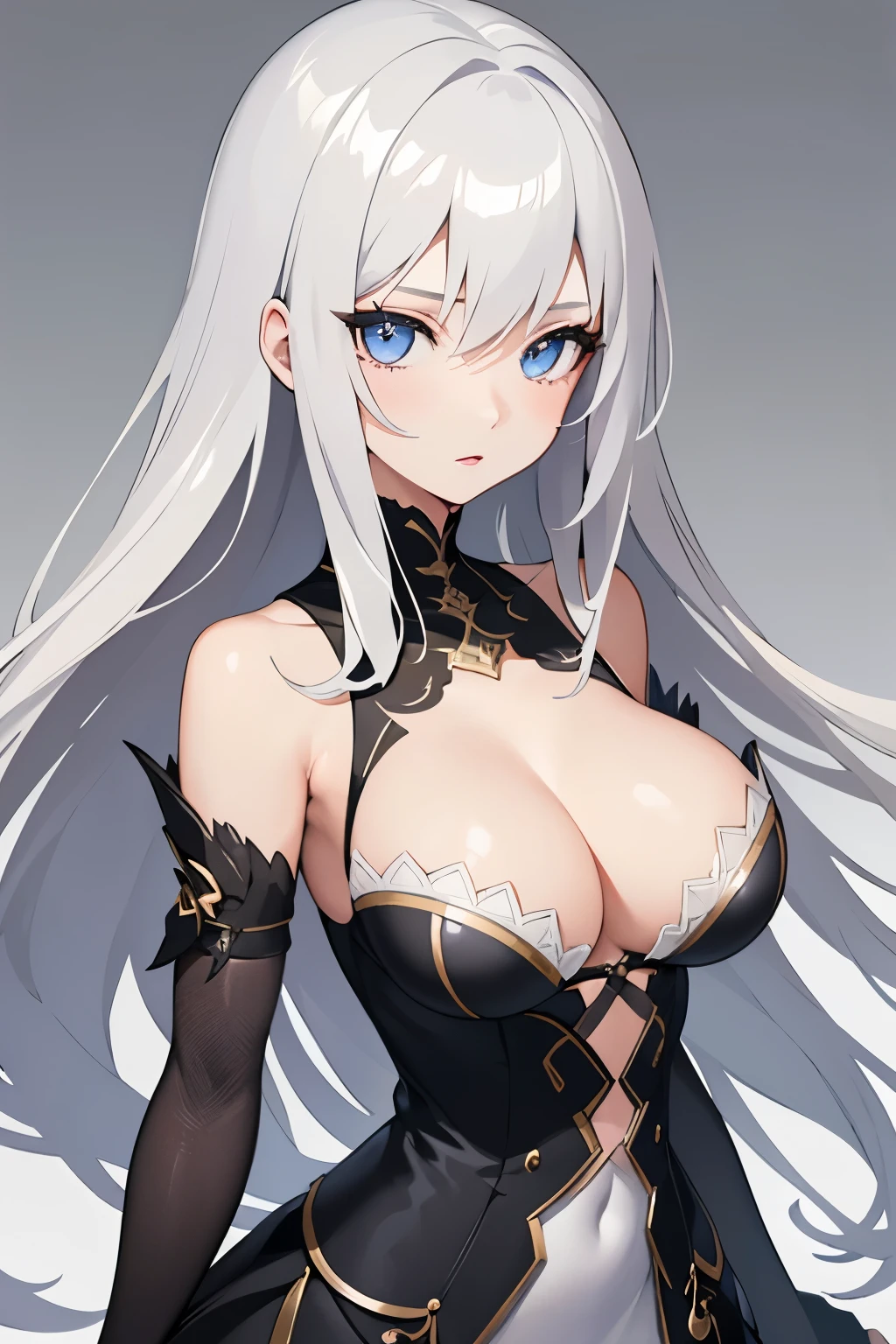 1girl, anime, cute girl, blank background, white background, fantasy, detailed dark fantasy dress with highlights, beautiful face, beautiful eyes, dark colors, silver hair, slightly small breasts, slight cleavage, beautiful skin, cute, breast curtains, extremely delicate and beautiful, (beautiful detailed face:1.0), (detailed deep eyes), symmetrical breasts, deep eyes, shiny skin, portrait, slender waist, hips wider than shoulders, thighs, young girl, expressionless