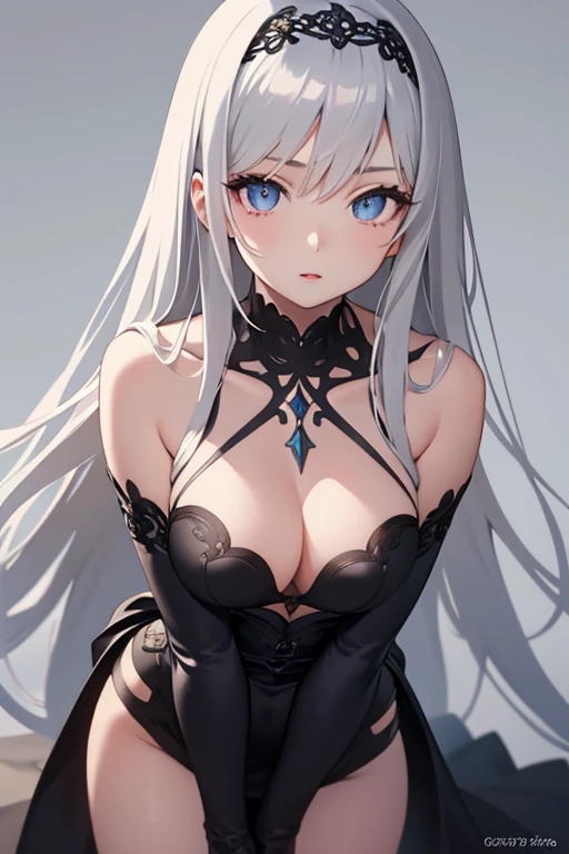 1girl, anime, cute girl, blank background, white background, fantasy, detailed dark fantasy dress with highlights, beautiful face, beautiful eyes, dark colors, silver hair, slightly small , slight cleavagiful skin, cute, breast curtainsemely delicate and beautiful, (beautiful detailed face:1.0), (detailed deep eyes), symmetrical breasts, deep eyes, sin, portrait, slender waist, hips wider than shoulders, thighs, young girl, expressionless