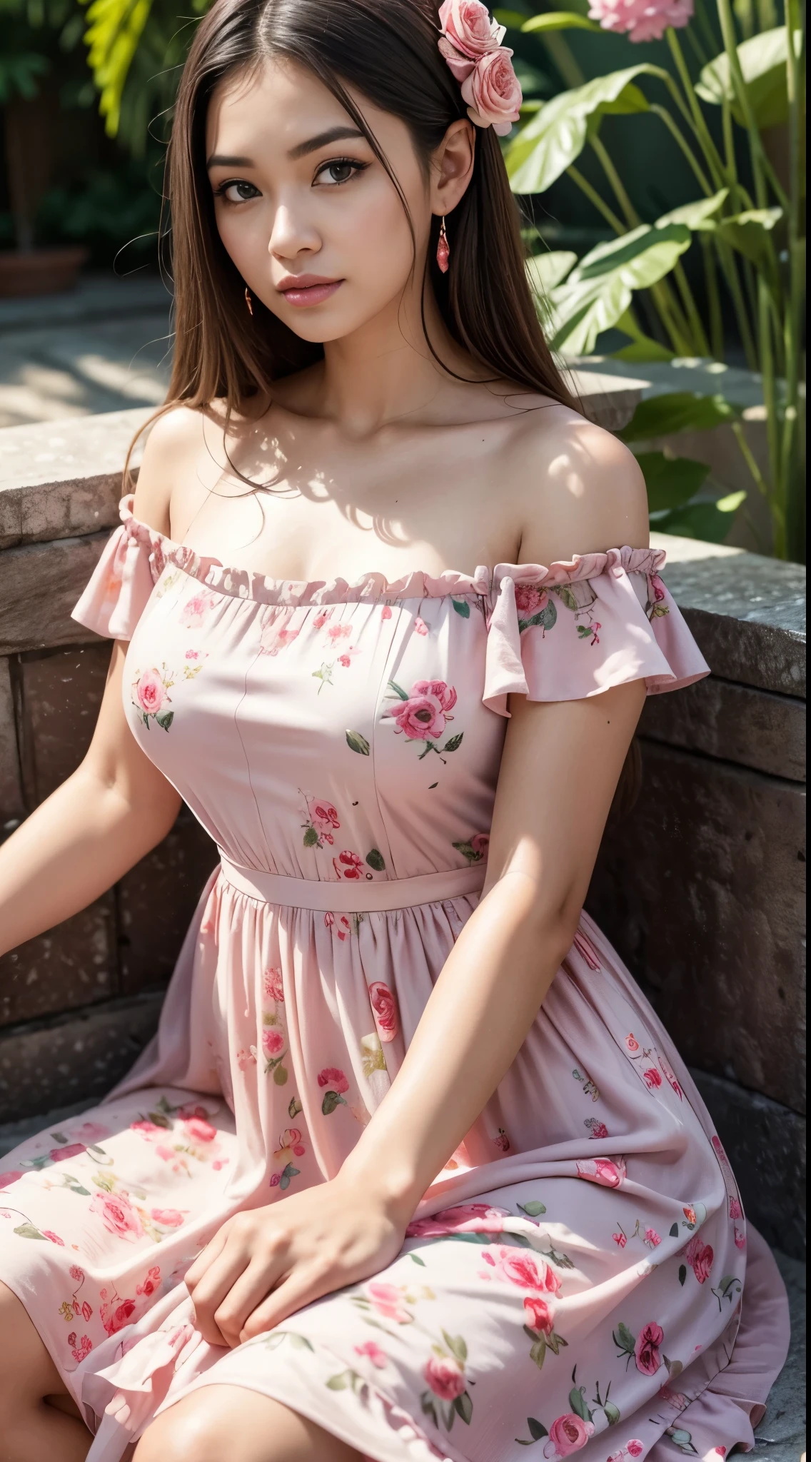 ( Close Up),RAW, Best quality, high resolution, masterpiece: 1.3), beautiful Malay woman, Masterpiece, perfect fit body, (big breasts), beautiful big eyes, Soft smile, thick thighs, beautiful face, woman wearing pink Off-Shoulder dress sitting in front of the water wall, sakimichan, romantic dress, flowery dress, women's dress with glowing flowers, closed neck dress,turkneck, skirt, floral dress, wearing a pink floral dress, wearing a long flowery dress, dress ,feminine girly dresses,summer dresses,floral art novuea dresses,vintage dresses,chiffon,soft silk dresses,Amazing lighting,Bright colors,Clean lines