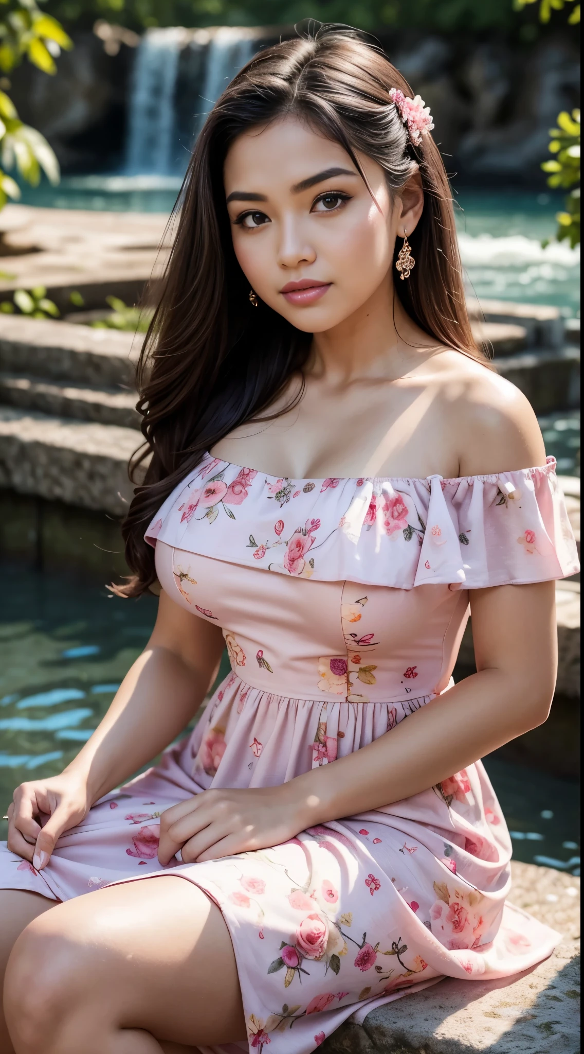 ( Close Up),RAW, Best quality, high resolution, masterpiece: 1.3), beautiful Malay woman, Masterpiece, perfect fit body, (big breasts), beautiful big eyes, Soft smile, thick thighs, beautiful face, woman wearing pink Off-Shoulder dress sitting in front of the water wall, sakimichan, romantic dress, flowery dress, women's dress with glowing flowers, closed neck dress,turkneck, skirt, floral dress, wearing a pink floral dress, wearing a long flowery dress, dress ,feminine girly dresses,summer dresses,floral art novuea dresses,vintage dresses,chiffon,soft silk dresses,Amazing lighting,Bright colors,Clean lines