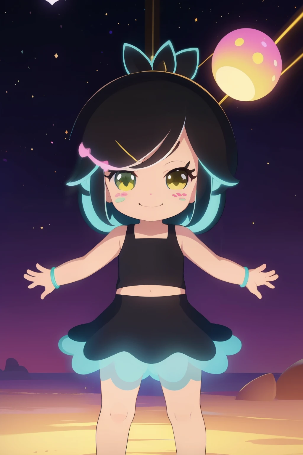 1girl, solo, full body, Hanazuki, black hair, yellow highlights, pink nose and freckles, bracelet, black sleeveless two-piece skirt set, skirt, barefoot, yellow trimmings, glowing, joyfully, cute smile, happy, arms behind back, neon lights, space, galaxy