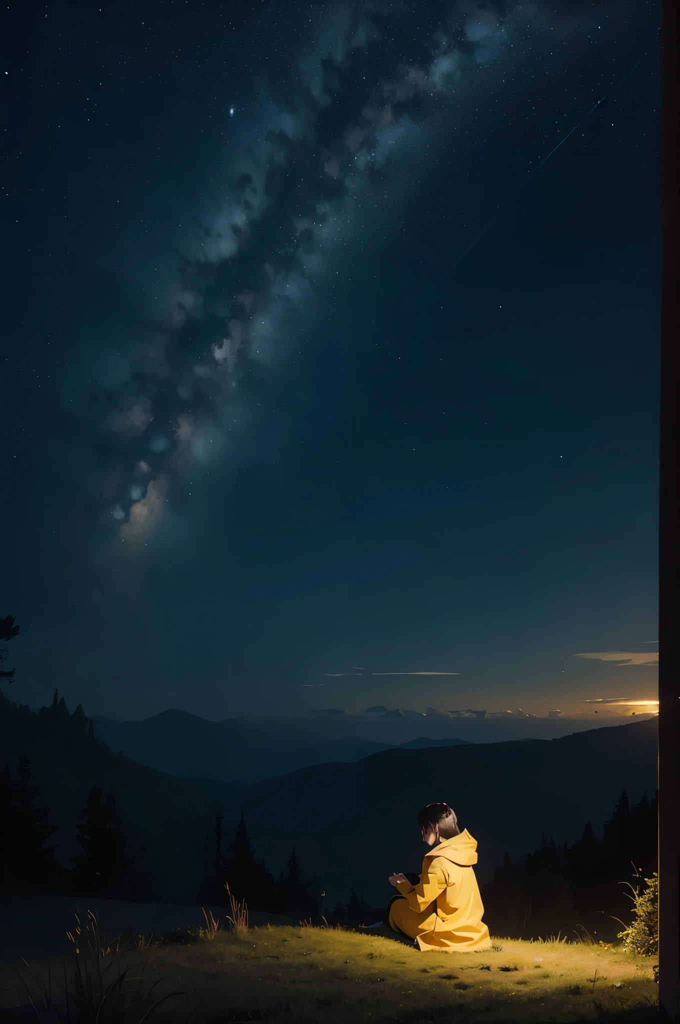 Only night sky, night, animated cartoon, High quality wide angle, landscape, girl sit with dog, yellow raincoat, stary night, far away, dog