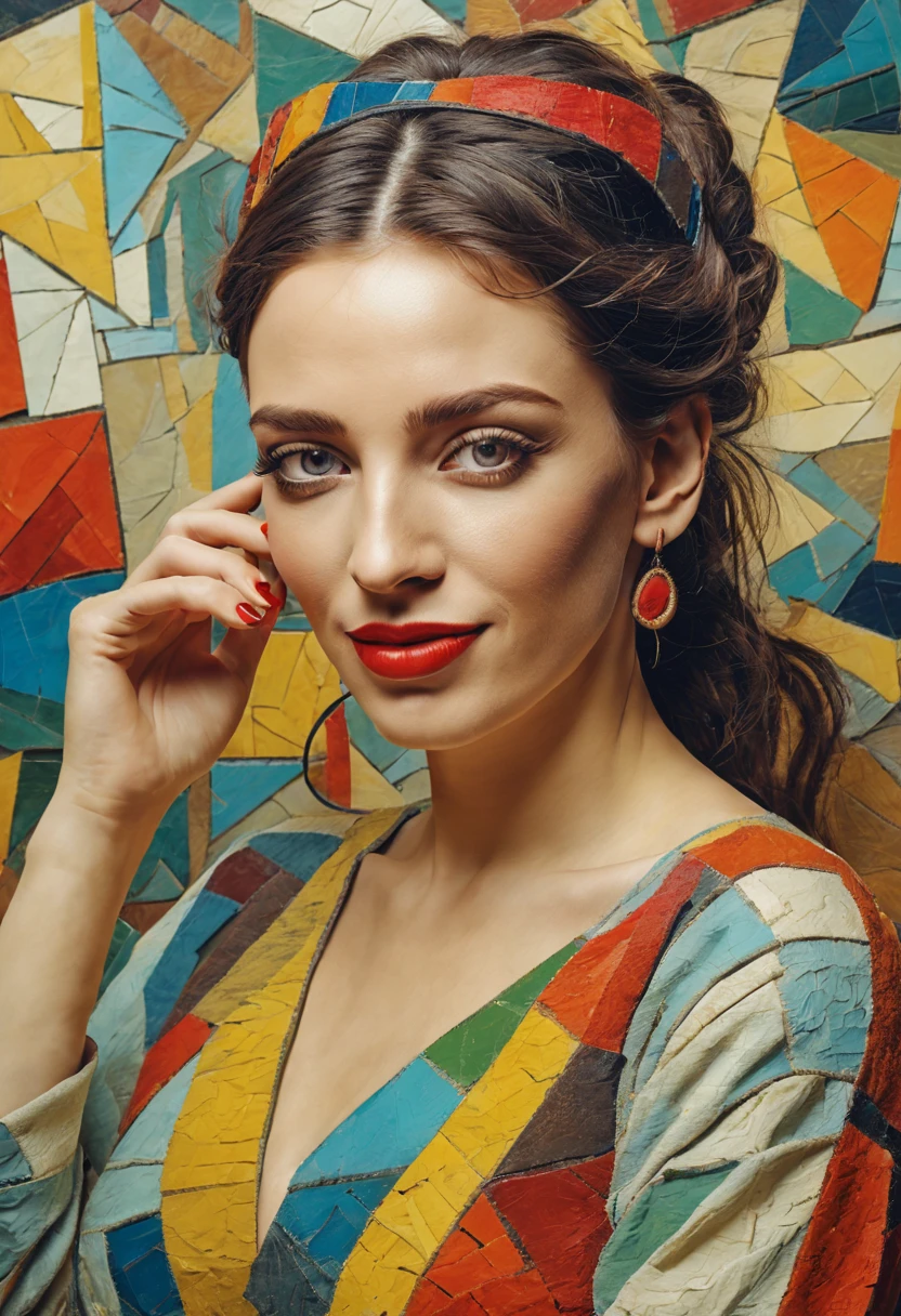 pop music、a beatiful and happy women、Picasso-style abstract painting、Scrape Art、cubism、Irregular mosaic art, Antique clothing, Ultrarealismo, 8K,