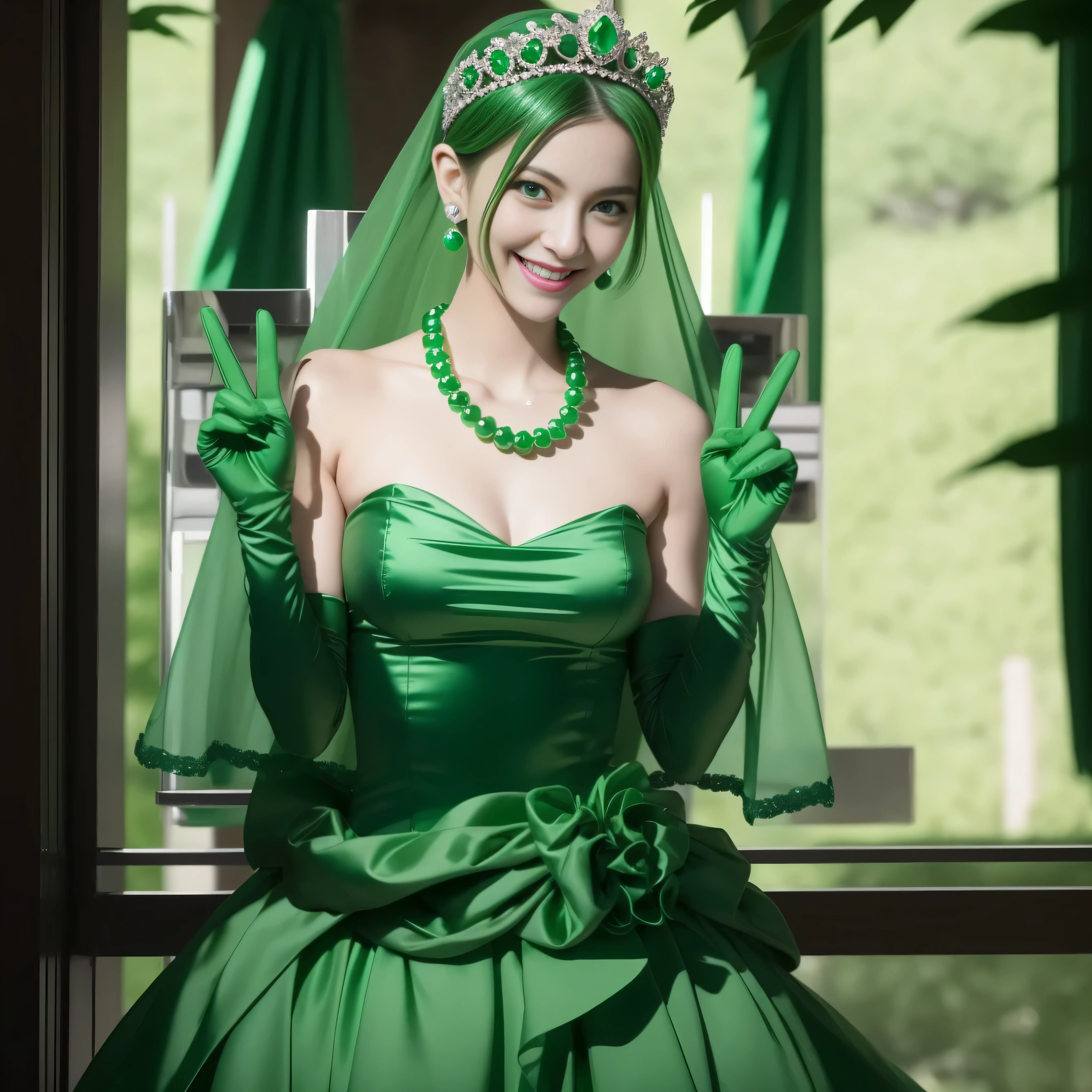 emerald tiara, Green Pearl Necklace, Boyish very short green hair, lipsticks, Japan woman smiling, very short short hair, big breasts beautiful, Green eyes, Long green gloves made of satin material, Green eyes, Emerald Earrings, green vale, v sign