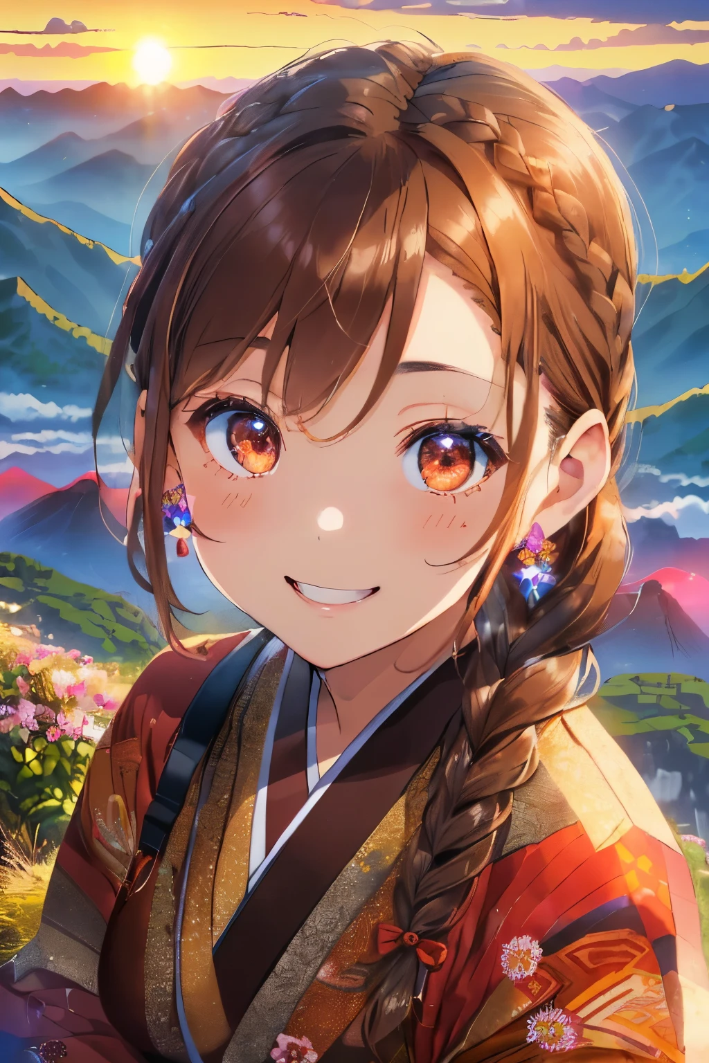 (Brown hair),(Braided shorthair:1.4),(Brown eyes:1.3),(With bangs),Slight red tide,(gloves:1.5),(Kimono with cute design:1.4),(Top of the mountains:1.4),(🗻),(first sunrise from the mountain:1.5),(place々Japanese clothes with lace:1.3),(Brown short boots),(Happy smile:1.1),(Smiling smile:1.15),(Kadomatsu:1.25),(Accessories shaped like flowers and crystals:1.3),(Her eyes are sparkling:1.2),(Eye size:1.7),(close up of face:1.4),(和風な雰囲気の場place),(Warm-looking fabric:1.3),