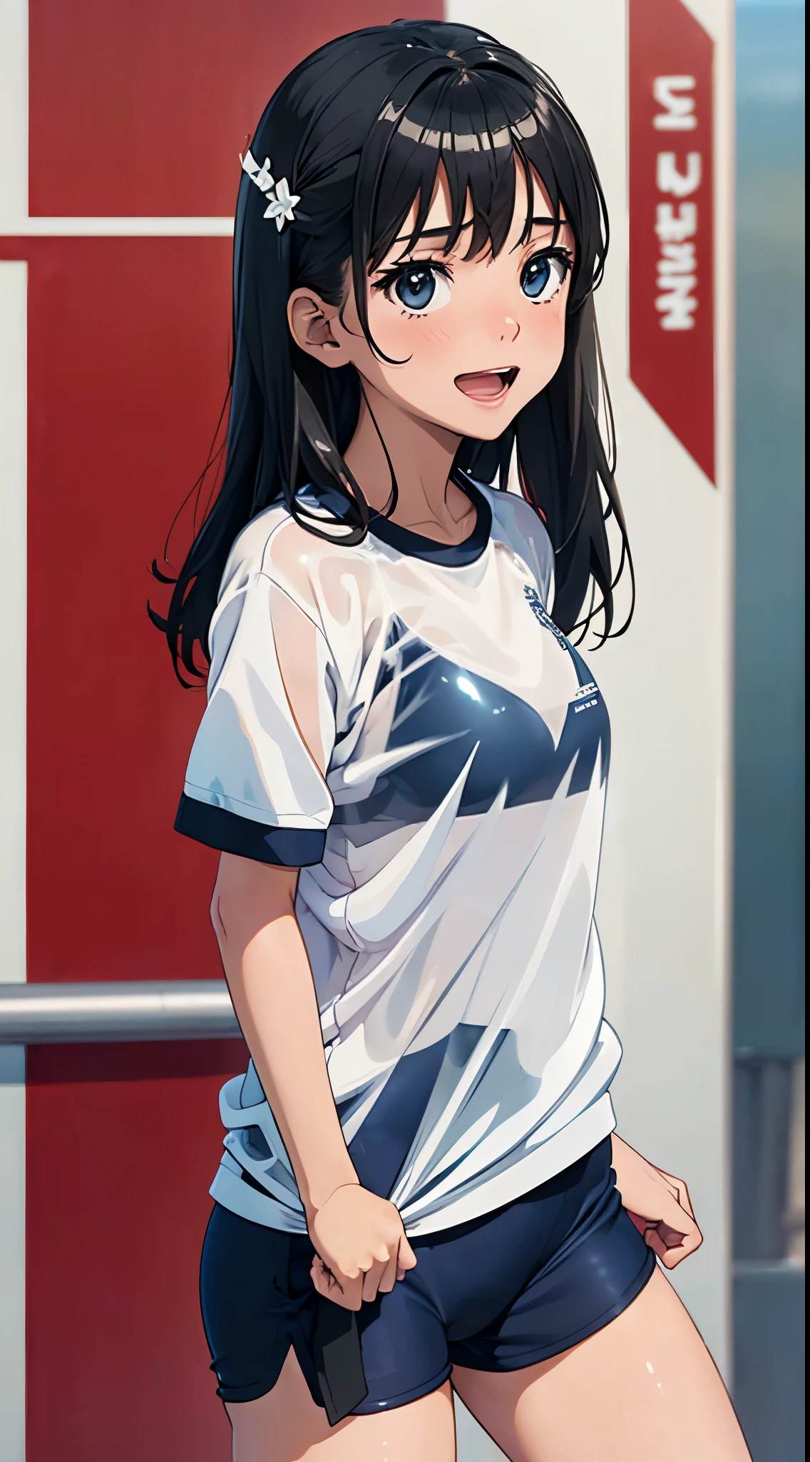 1womanl,Black hair, beautiful breasts,(((Sexy white and blue shiny short sleeve gym clothes and short cheeks、Smile with open mouth)),(((Satin Narico))),((( portlate))),Crowds,Shiny white short-sleeved gym uniform and blue shorts,Wet with sweat,((athletic field)),((see -through)),outside of house,(((Shiny clothing)))