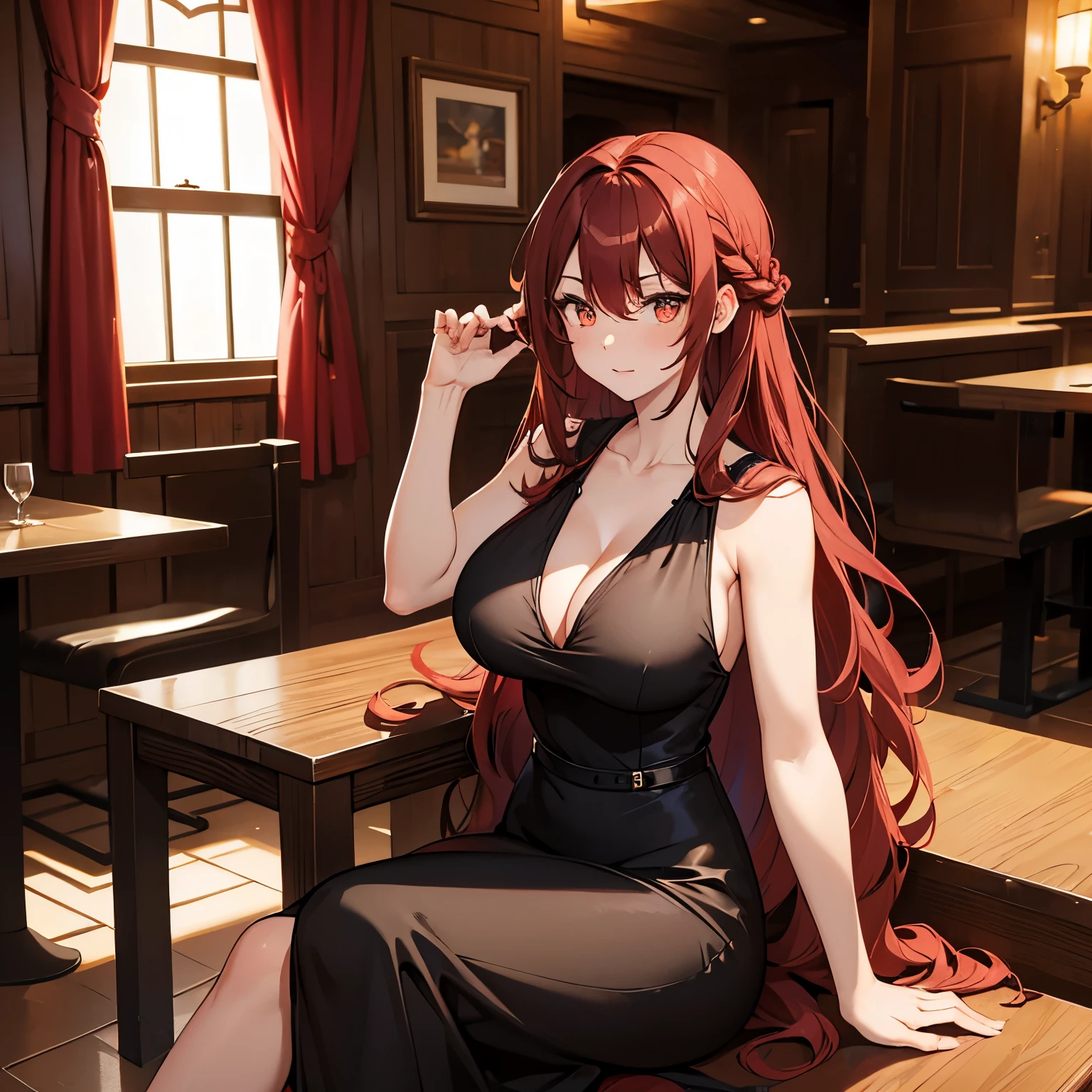 dark cinnamon red hair, long wavy hair, golden eyes, female, big breasts, female, sexy black lingerie dress, short dress, v neck, sleeveless dress, braided hair, perfect body, sitting, one person, adult, restaurant