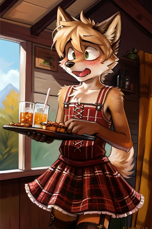solo, wolf, ((male)), slender, day, ((twink)), detailed, uploaded to e621, beautiful and detailed portrait of an anthropomorphic boy, fauxhawk hair, (((male))), kenket, uploaded to e621, (detailed German Oktoberfest dress, garter, petticoat), shocked eyes wide open, blushing, carrying tray of drinks and food,