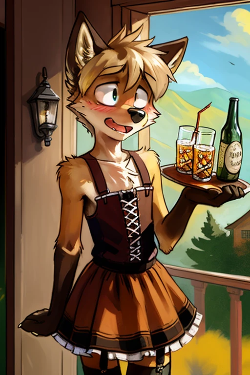 solo, wolf, ((male)), slender, day, ((twink)), detailed, uploaded to e621, beautiful and detailed portrait of an anthropomorphic boy, fauxhawk hair, (((male))), kenket, uploaded to e621, (detailed German Oktoberfest dress, garter, petticoat), shocked eyes wide open, blushing, carrying tray of drinks and food,