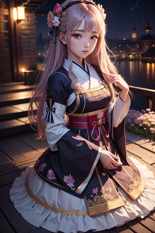 Best quality, haut_resolution, distinct_Image, detailed background ,fille, Hanbok,fleur,jardin,lune, Nuit,dutch angle, Plan large, couronne,