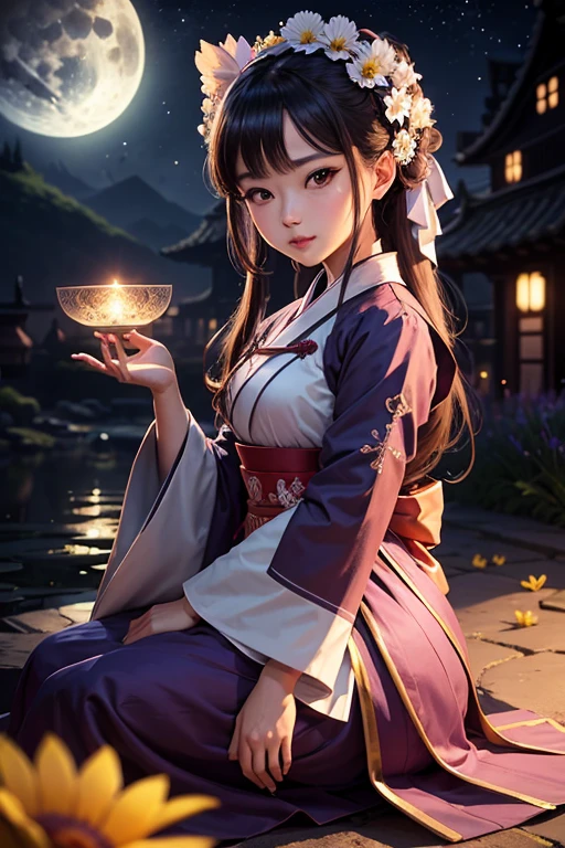 Best quality, haut_resolution, distinct_Image, detailed background ,fille, Hanbok,fleur,jardin,lune, Nuit,dutch angle, Plan large, couronne,