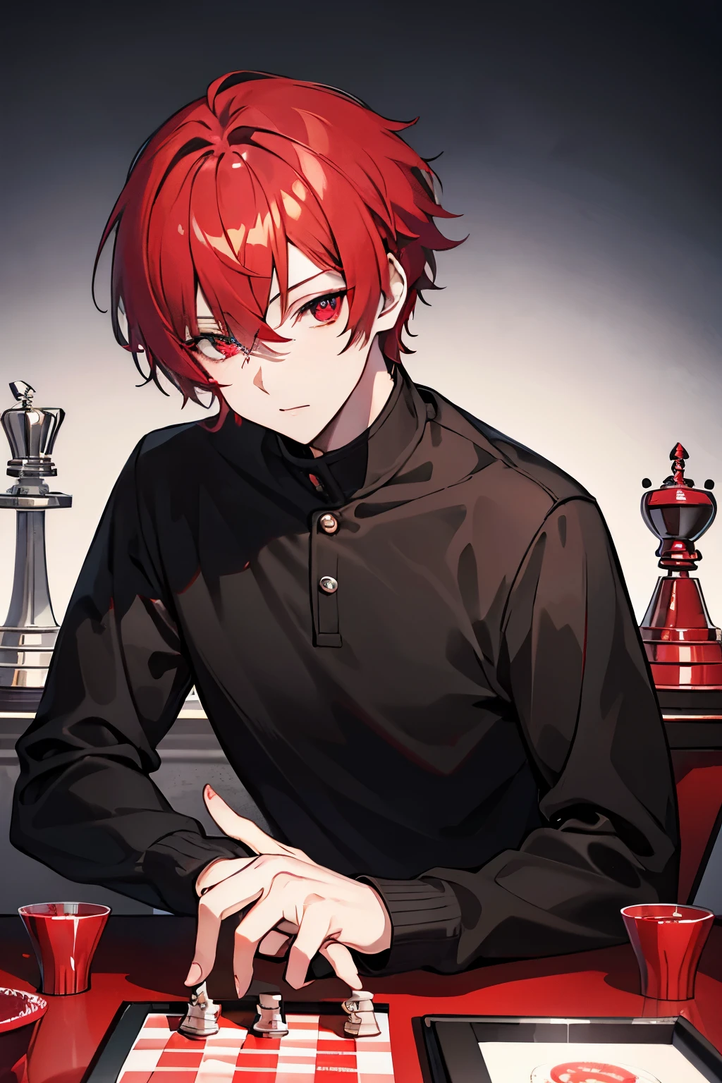 male people red short hair red eyes muffler Sweaters slacks Street Chess Chess盤 masterpiece Top image quality denoise Clear cinematic shadow Increased attractiveness of the eyes Clear the shine of the eyes Draw eyelashes neatly Perfect Eye A detailed eye Sharpen image quality Sharpen eye writing Clear eye shape
