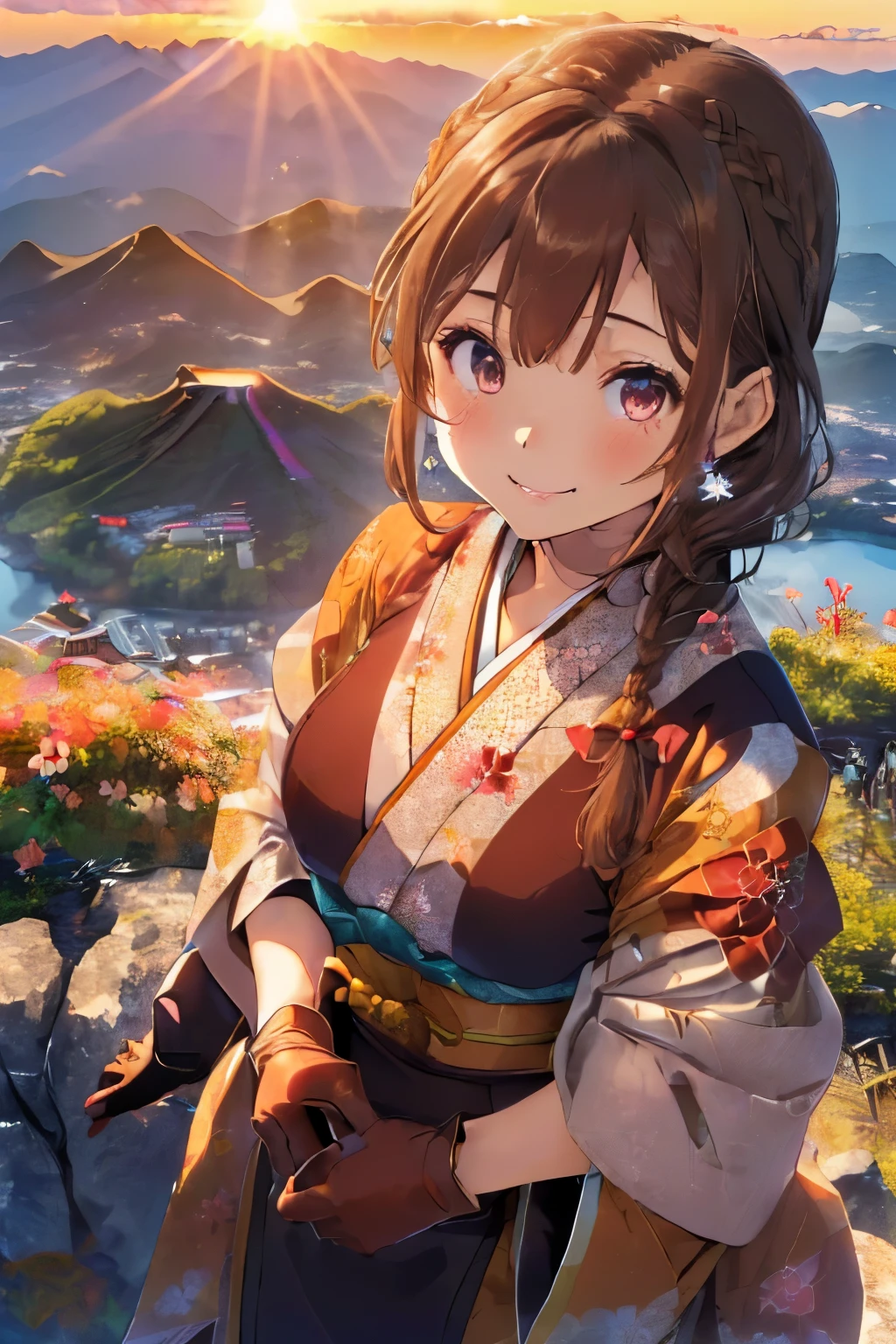 (Brown hair),(Braided shorthair:1.4),(Brown eyes:1.3),(With bangs),Slight red tide,(gloves:1.5),(Kimono with cute design:1.4),(Top of the mountains:1.4),(🗻),(first sunrise from the mountain:1.5),(Diamond Fuji:1.4),(place々Japanese clothes with lace:1.3),(Brown short boots),(Happy smile:1.1),(Smiling smile:1.15),(Kadomatsu:1.25),(Accessories shaped like flowers and crystals:1.3),(Her eyes are sparkling:1.2),(Eye size:1.7),(close up of face:1.25),(和風な雰囲気の場place),(Warm-looking fabric:1.3),