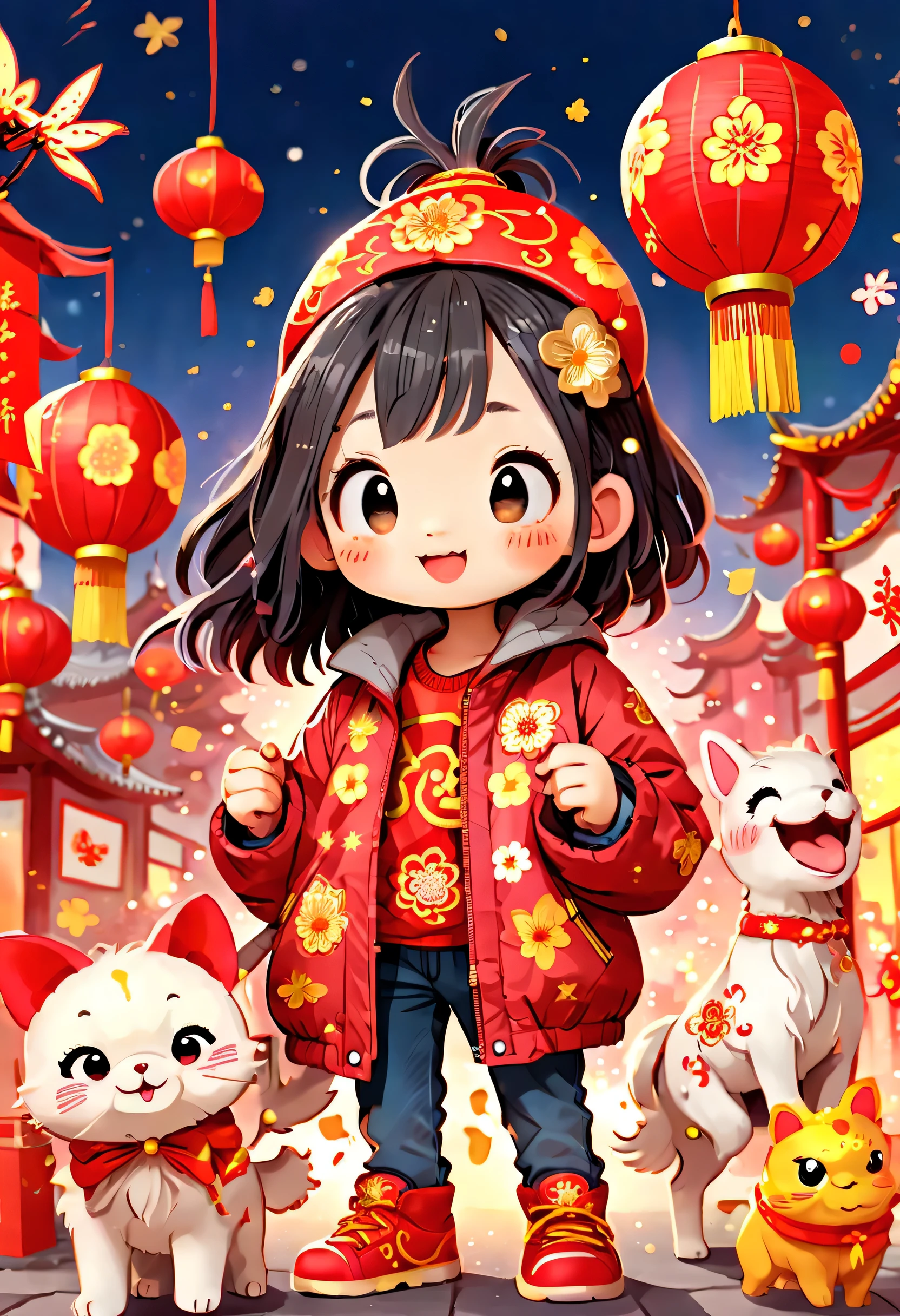 児童書, (Tim Burton style)，(Illustrations capture the essence of Chinese New Year)，(Modern town:1.2), (Lanterns and festoons)，It's snowing，In the joyful atmosphere of the New Year，(5 children wearing down jackets set off firecrackers)，(There are many fireworks in the sky)，the picture was beautiful，(Detailed and vivid children&#39;Hand drawn illustrations)，Show people&#39;s expressions