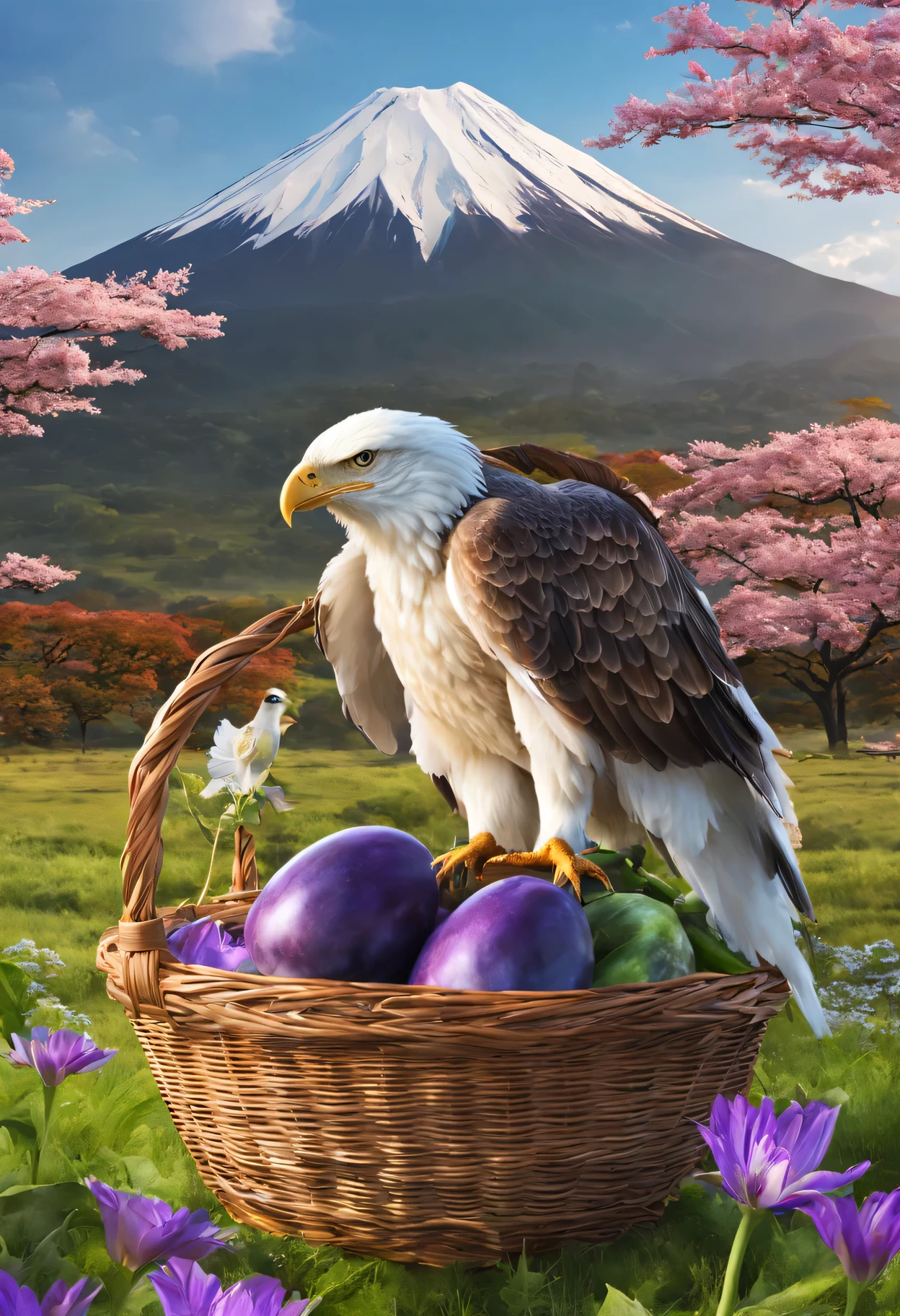 High quality, 8K Ultra HD, mount fuji background、２Flying Eagle、３There are two eggplants in the basket..、image in the meadow、The ultra -The high-definition、masutepiece、