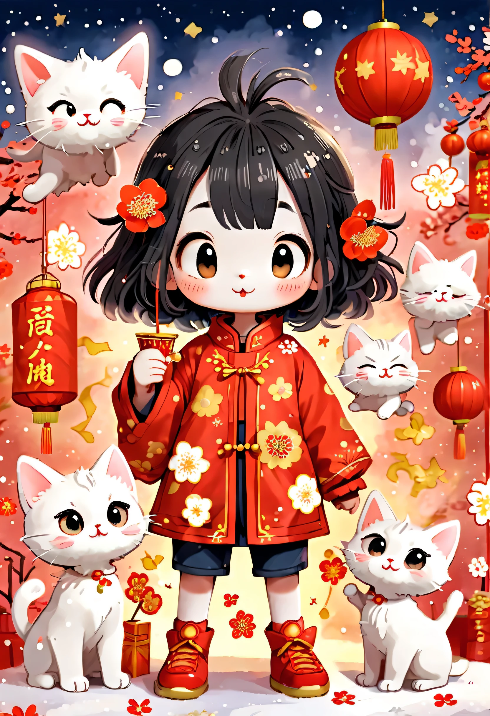 Tim Burton's style, Illustrations that capture the essence of Chinese New Year, nevando, In the joyful atmosphere of the Spring Festival, Five children are setting off firecrackerire works, kitten watching, Beautiful graphics, Detailed facial expressions of characters, Vivid hand-drawn illustrations for children