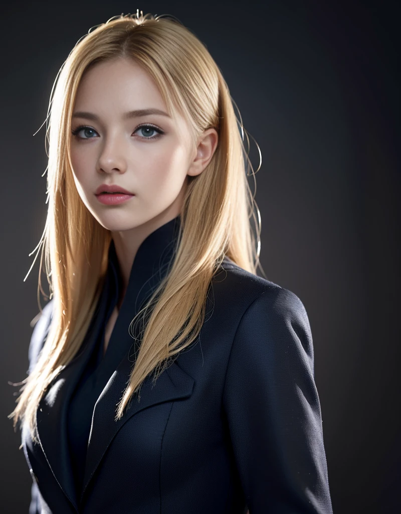 Best quality, masterpiece, ultra high res, (photorealistic:1.4), raw photo, 1girl, blonde hair, blue eyes, detailed eyes and face, black suit, dynamic lighting, in the dark, deep shadow, low key, cowboy shot full-lenght body