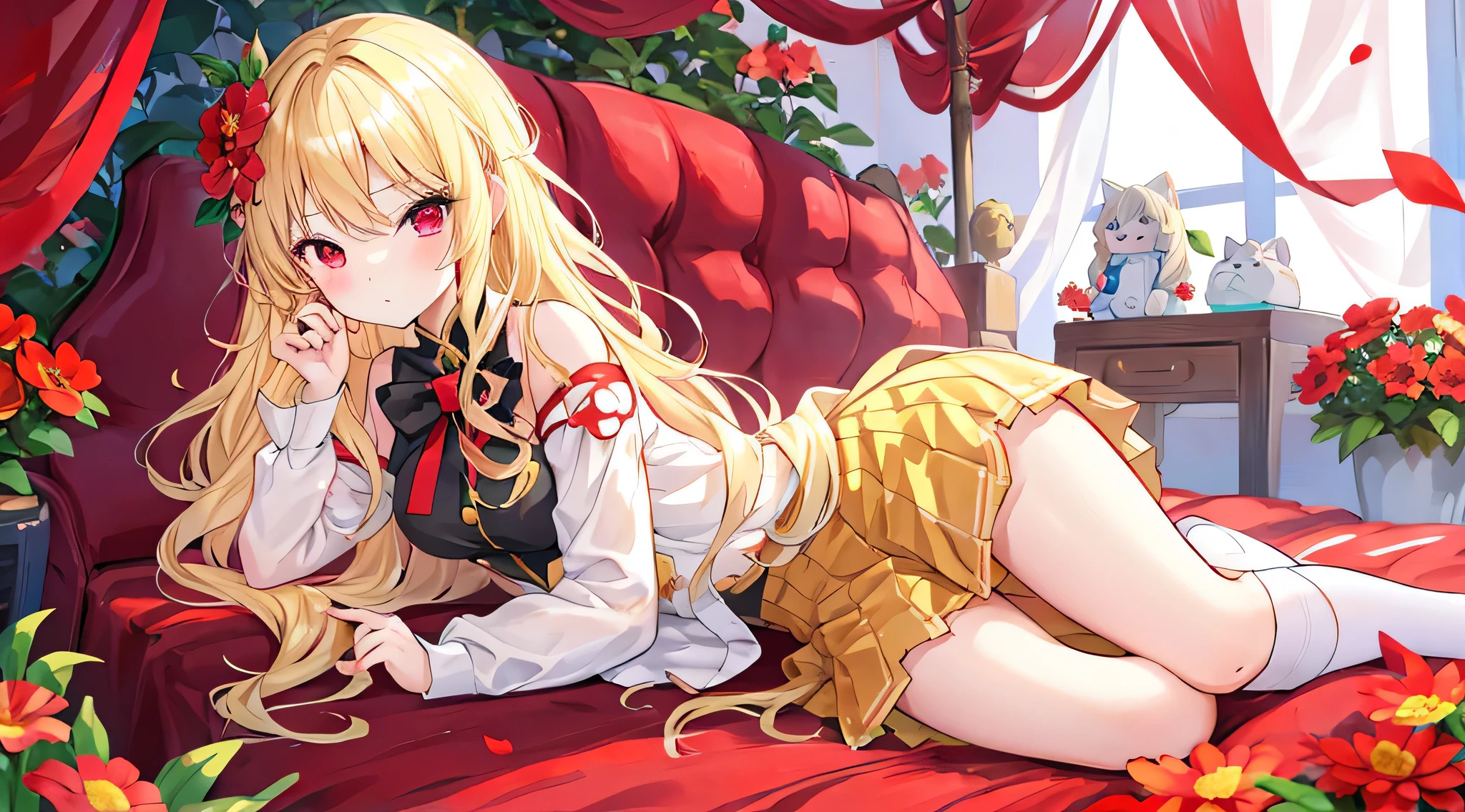 golden curly hair、red eyes、a pretty girl、独奏、and soul、mini-skirts、an sexy、flower field