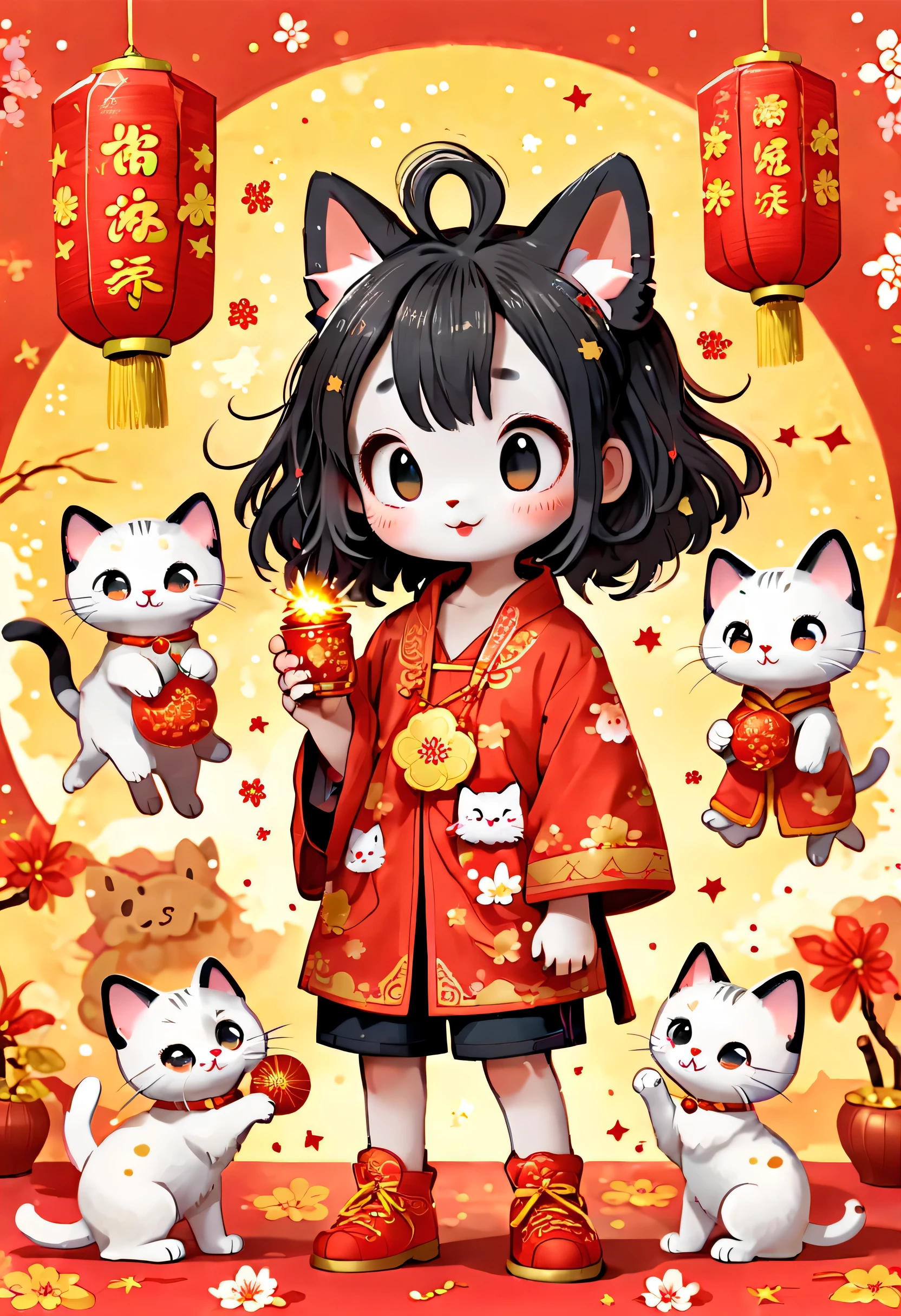 Tim Burton's style, Illustrations that capture the essence of Chinese New Year, nevando, In the joyful atmosphere of the Spring Festival, Five children are setting off firecrackerire works, kitten watching, Beautiful graphics, Detailed facial expressions of characters, Vivid hand-drawn illustrations for children